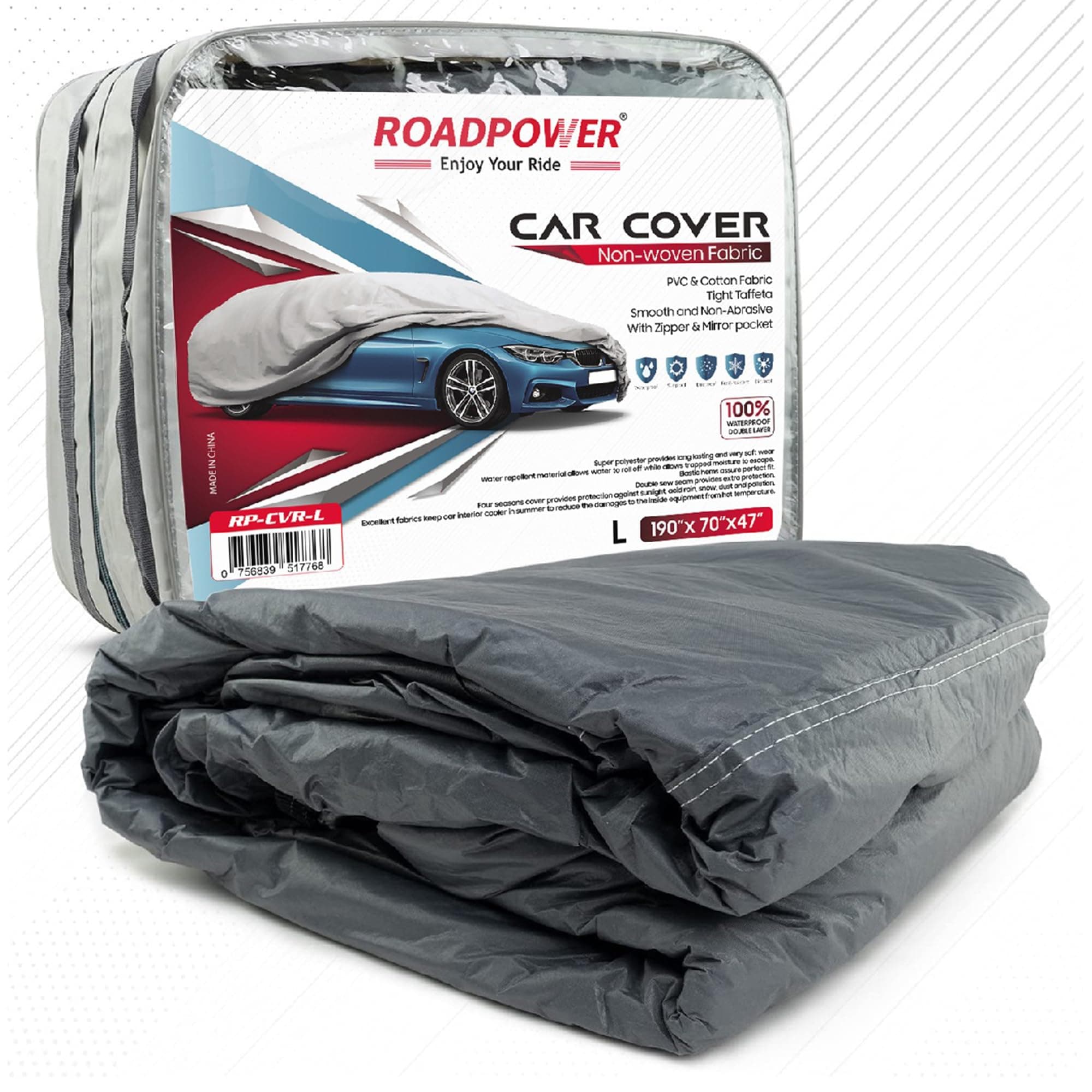 ROADPOWER zipper Car Cover with Mirror Pocket for All Weather Waterproof Windproof Dustproof UV Protection Full Covers PVC & Cotton Fabric Tight Taffeta smooth Non-Abrasive (Large 190''X 70''X 47'')