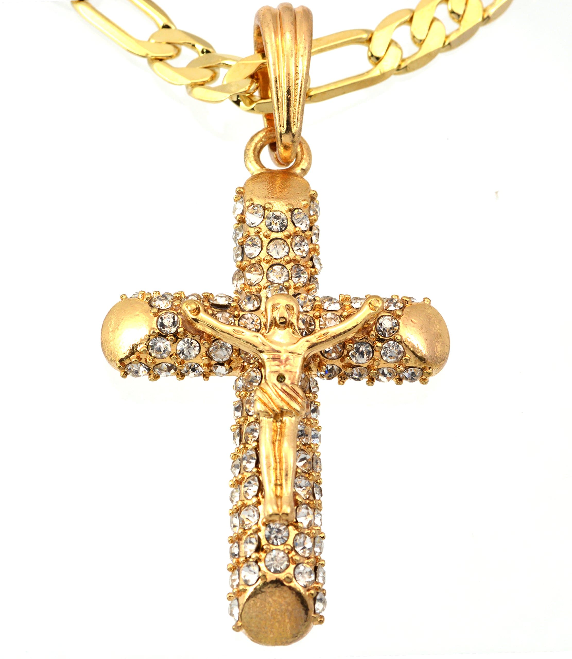 Gold Plated Cross 24 inch Figaro Chain Crucifix with Clear Crystal Stones Smooth Ends Necklace 660