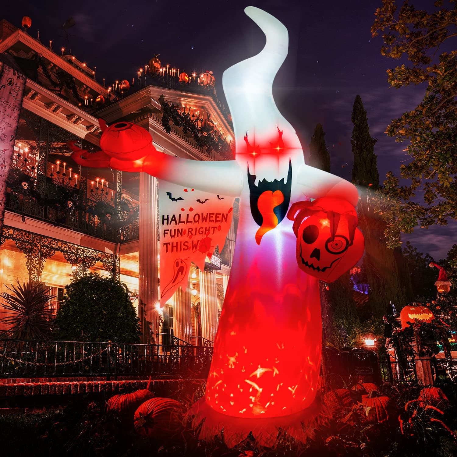 GEJRIO 8FT Halloween Inflatable Ghost Built-in Flashing Red Flame LEDs, Blow up Scary Halloween Decorations for Outdoor Garden Yard Lawn Holiday Party Outside Decor