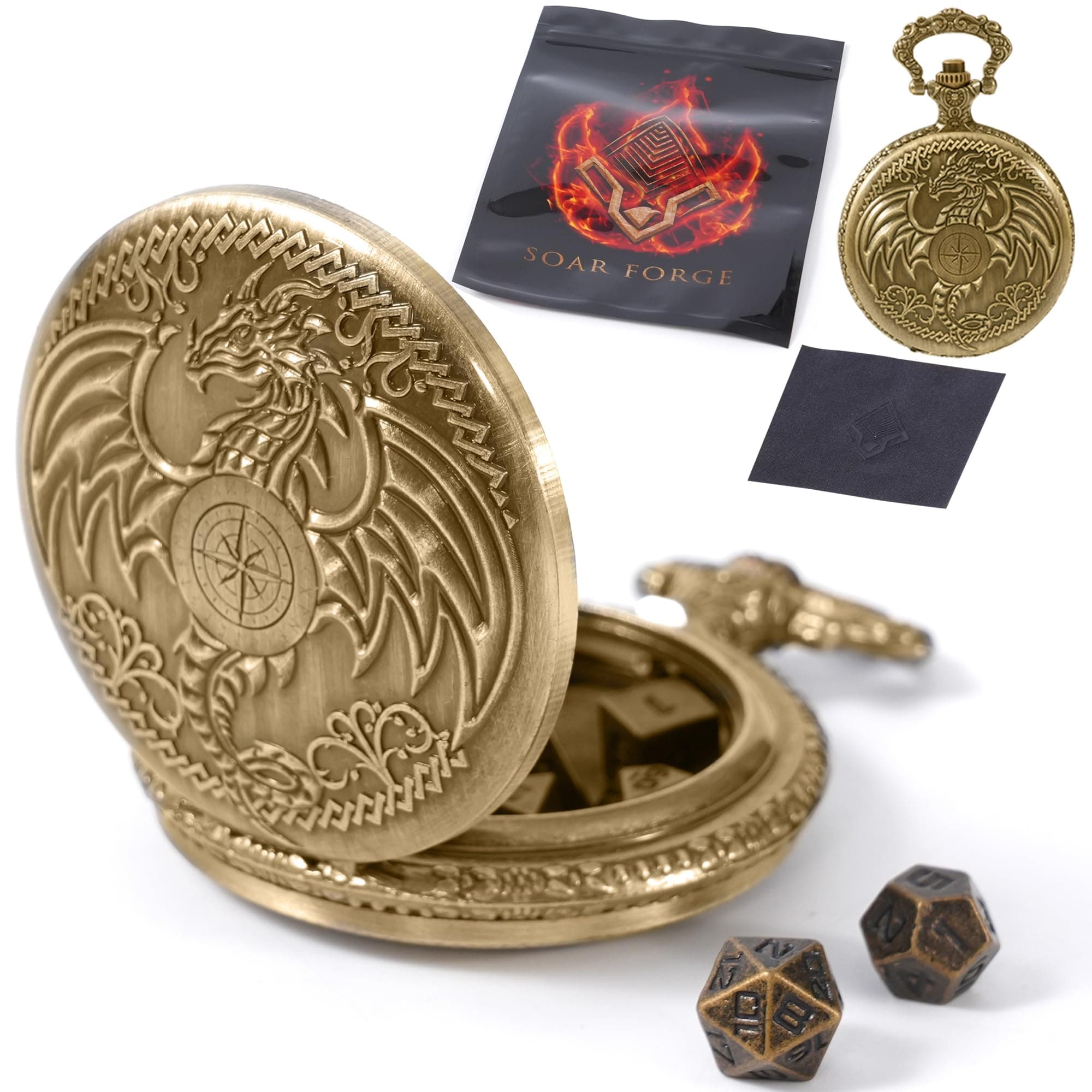 Soar ForgeMicro Metal DND Dice Set: MiniChrono's Tiny, Mini Dice in a Dragon-Engraved Pocket Watch Case - Portable Dungeons and Dragons (D&D) Accessory for TTRPGs (Dragon Bronze + Bronze Dice)
