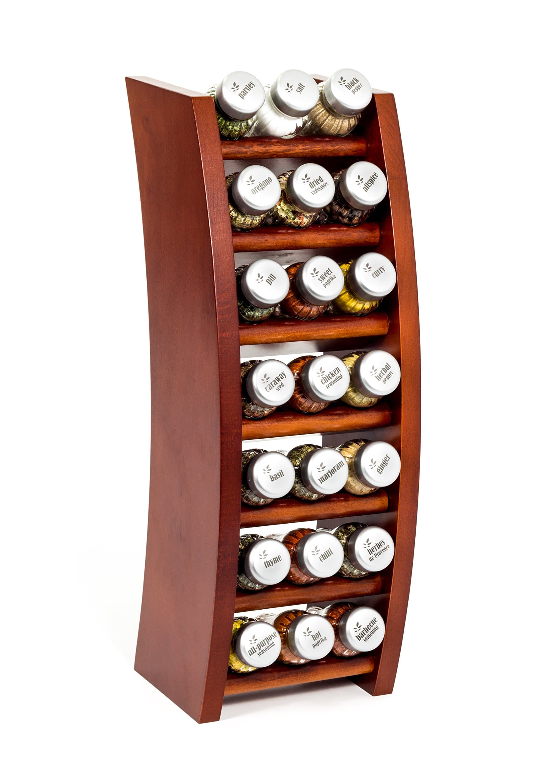 21 Jar Wooden Kitchen Spice Rack filled with Herbs and Spices + 2 Glass Jars Absolutely FREE! Made In EU- Poland- 21F brown. satin caps