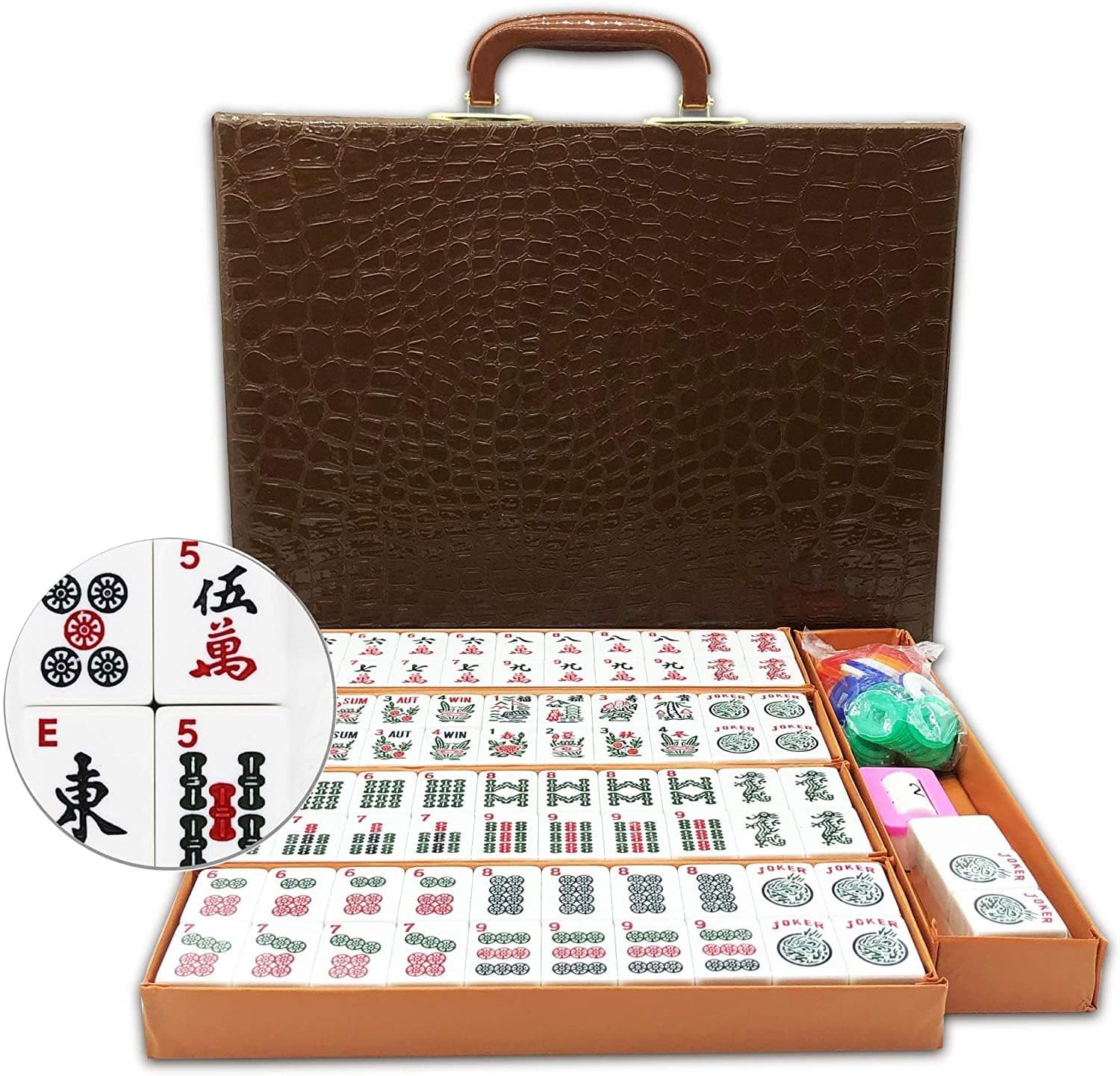 American Mahjong Game Set 166 White Engraved Tiles for Western Mah Jong, Mah jongg Play with Traveler Size Carrying Case, Dices, Chips, Manual,Wind indicator - Racks and Pushers not included