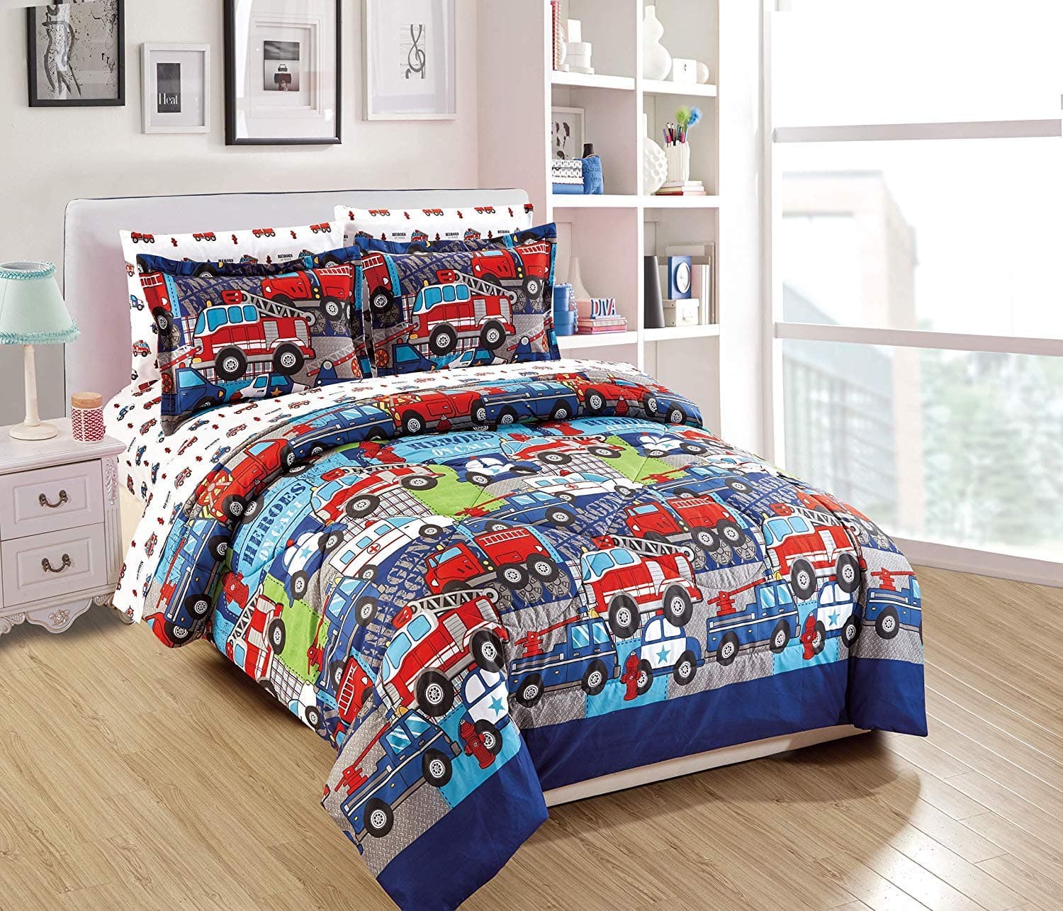 Elegant Home Multicolor Heroes First Responders Police Cars Fire Trucks Ambulances Design 7 Piece Comforter Bedding Set for Boys/Kids Bed in a Bag with Sheet Set # Heroes 2 (Full Size)