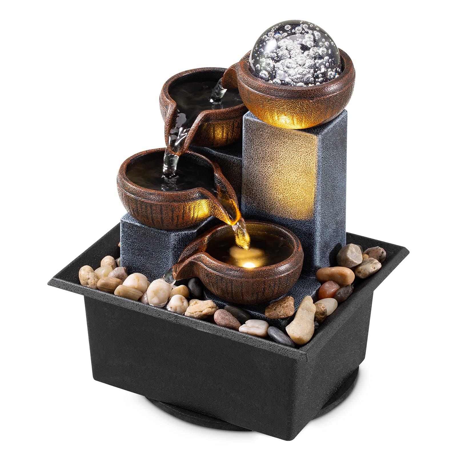 Tabletop Fountain 4 Level Tabletop Waterfall Indoor Meditation Fountain Office Home Relax Desktop Waterfall Includes Many Natural River Rocks LED Lights Bubble Ball Great Choice as Festival Gifts