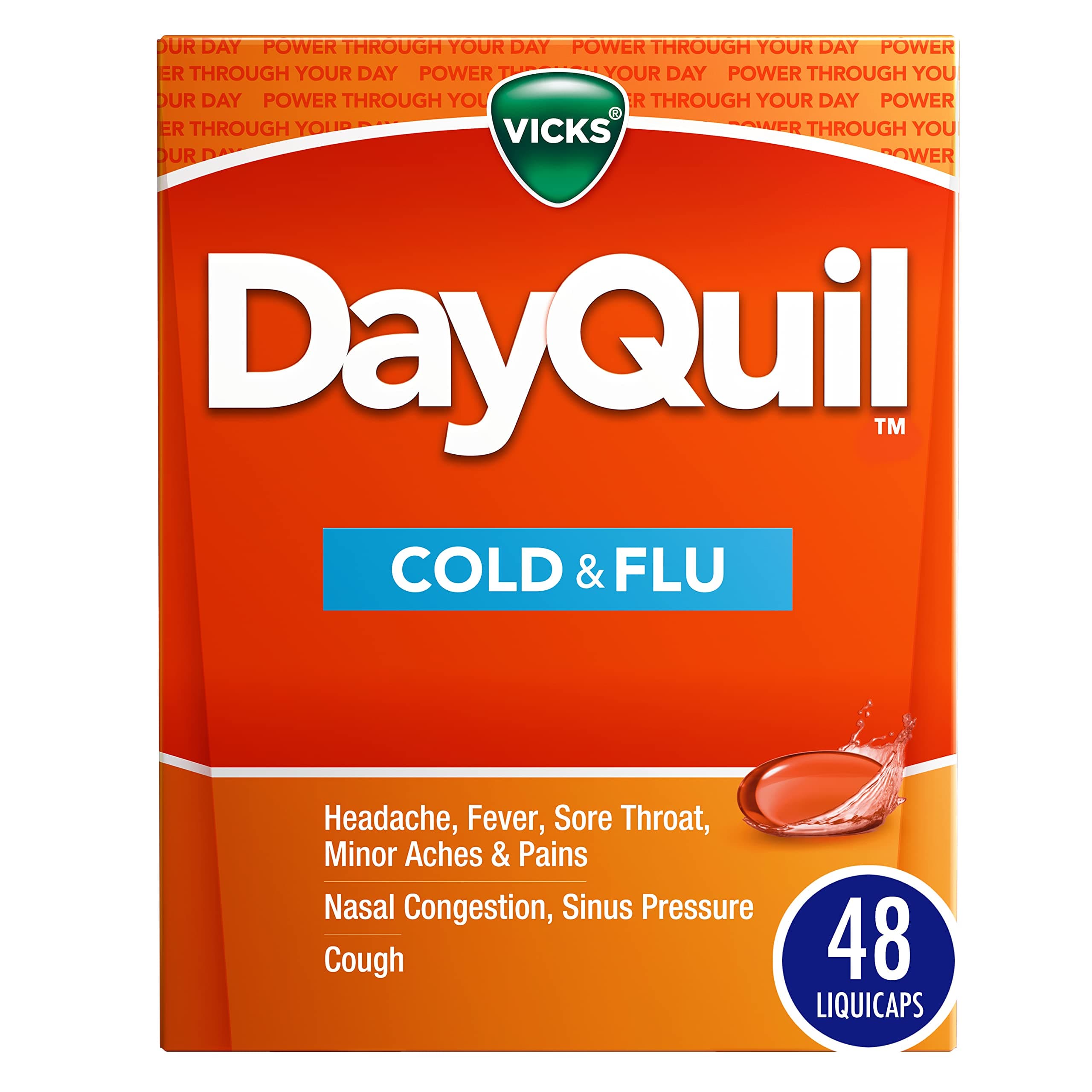 Vicks DayQuil Cold & Flu Medicine, Non-Drowsy Powerful Multi-Symptom Daytime Relief for Headache, Fever, Sore Throat, Minor Aches and Pains, Nasal Congestion, Sinus Pressure and Cough, 48 Liquicaps
