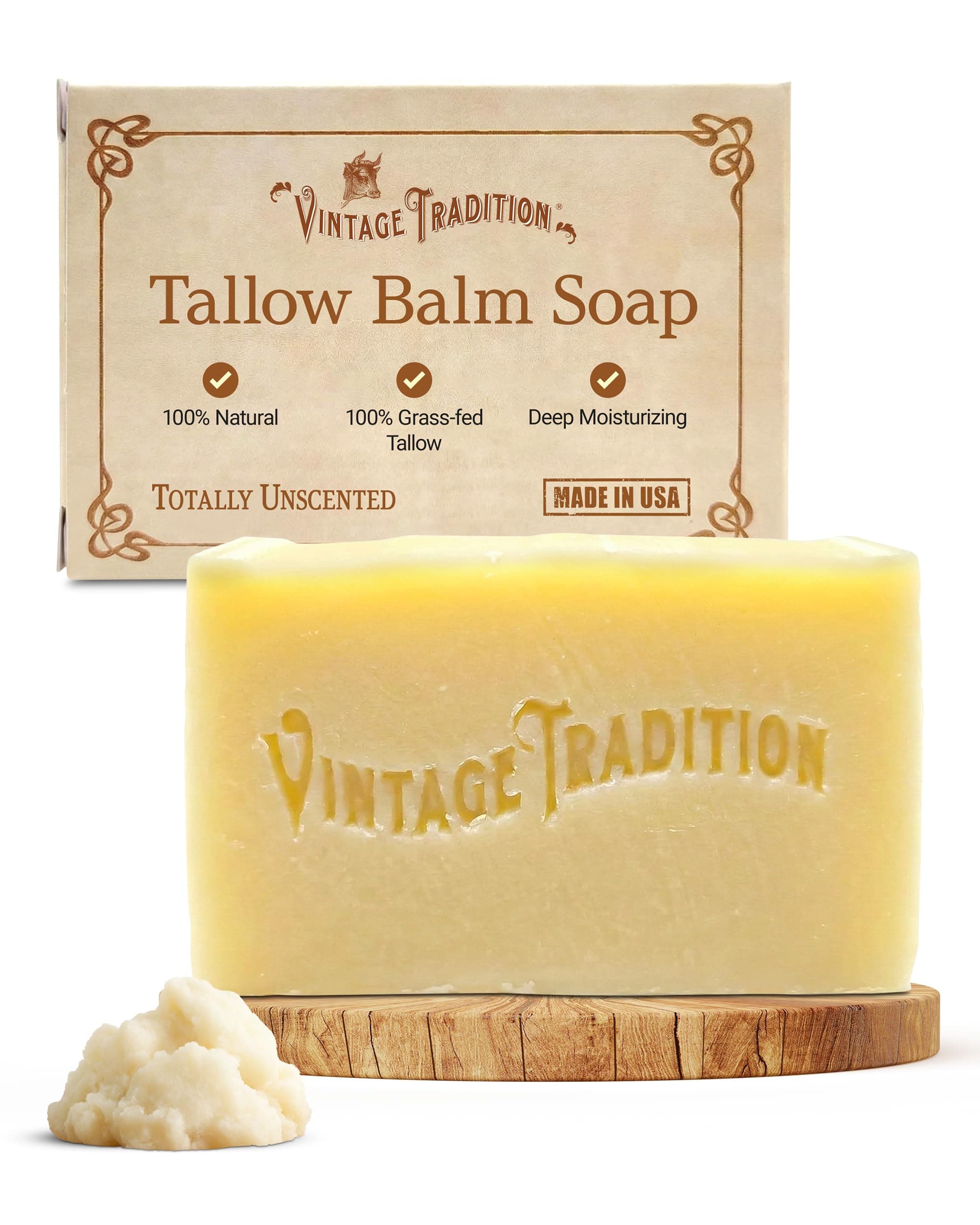 Vintage Tradition Organic Tallow Soap for Face and Body - Unscented bar with Tallow Moisturizer - Natural bar for Deep Hydration, Soothing and Healthy Skin - Organic Soap for All Skin Types