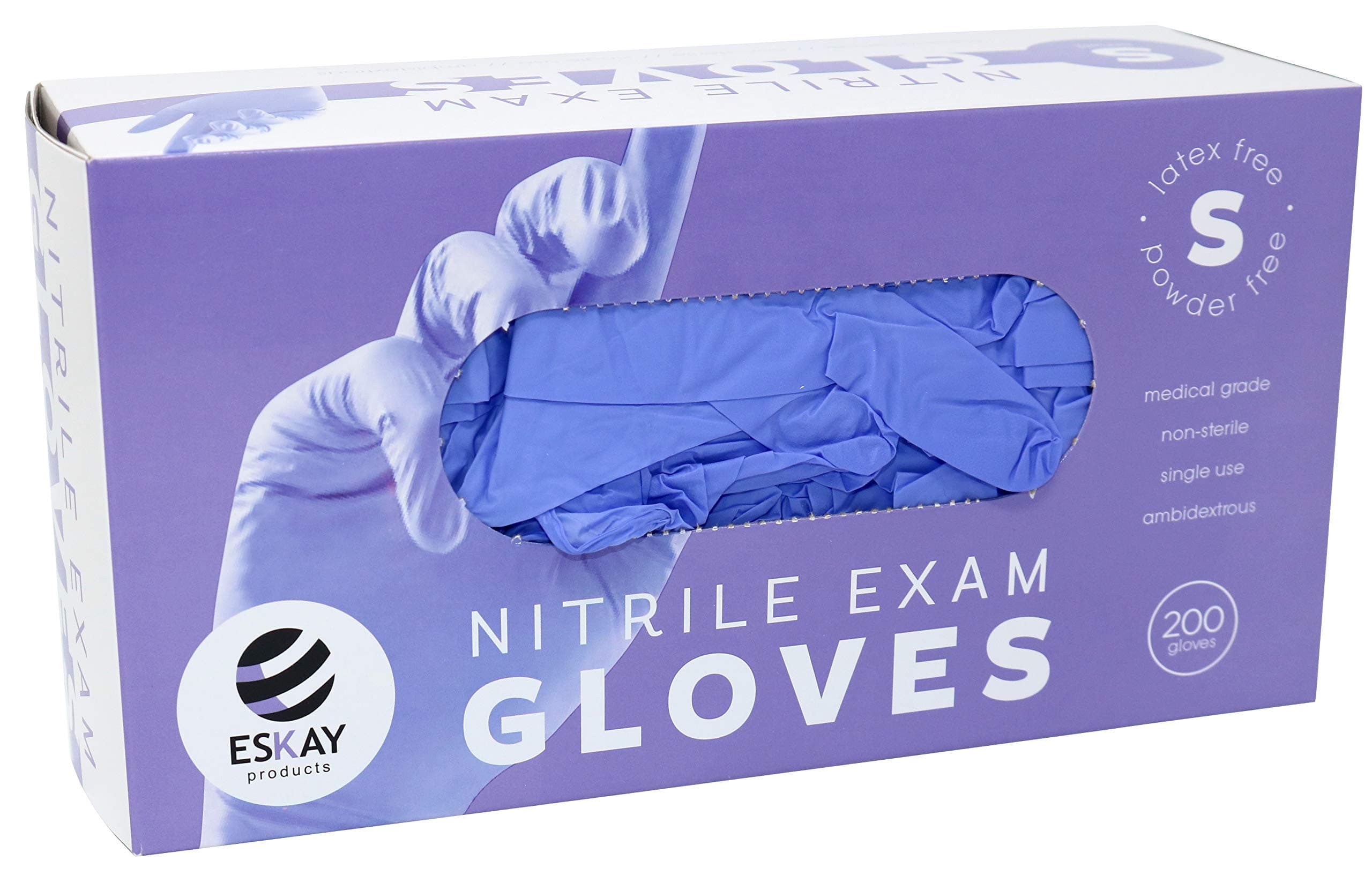 Eskay Nitrile Exam Gloves Box of 200 Gloves - Food Safe, Non-Sterile, Latex Free, Powder Free, Medical Grade, Size Small, Purple Color