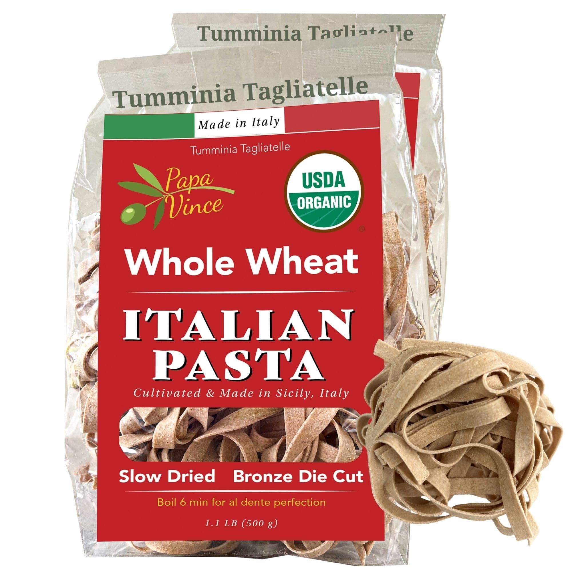 Papa Vince Organic Diabetic Friendly Pasta: Low GI Organic Whole Wheat Italian Pasta Made in Italy from Ancient Heirloom Grain. High Fiber, Slow Carb, Slow Dried, Bronze Cut, Non Enriched (Tagliatelle)