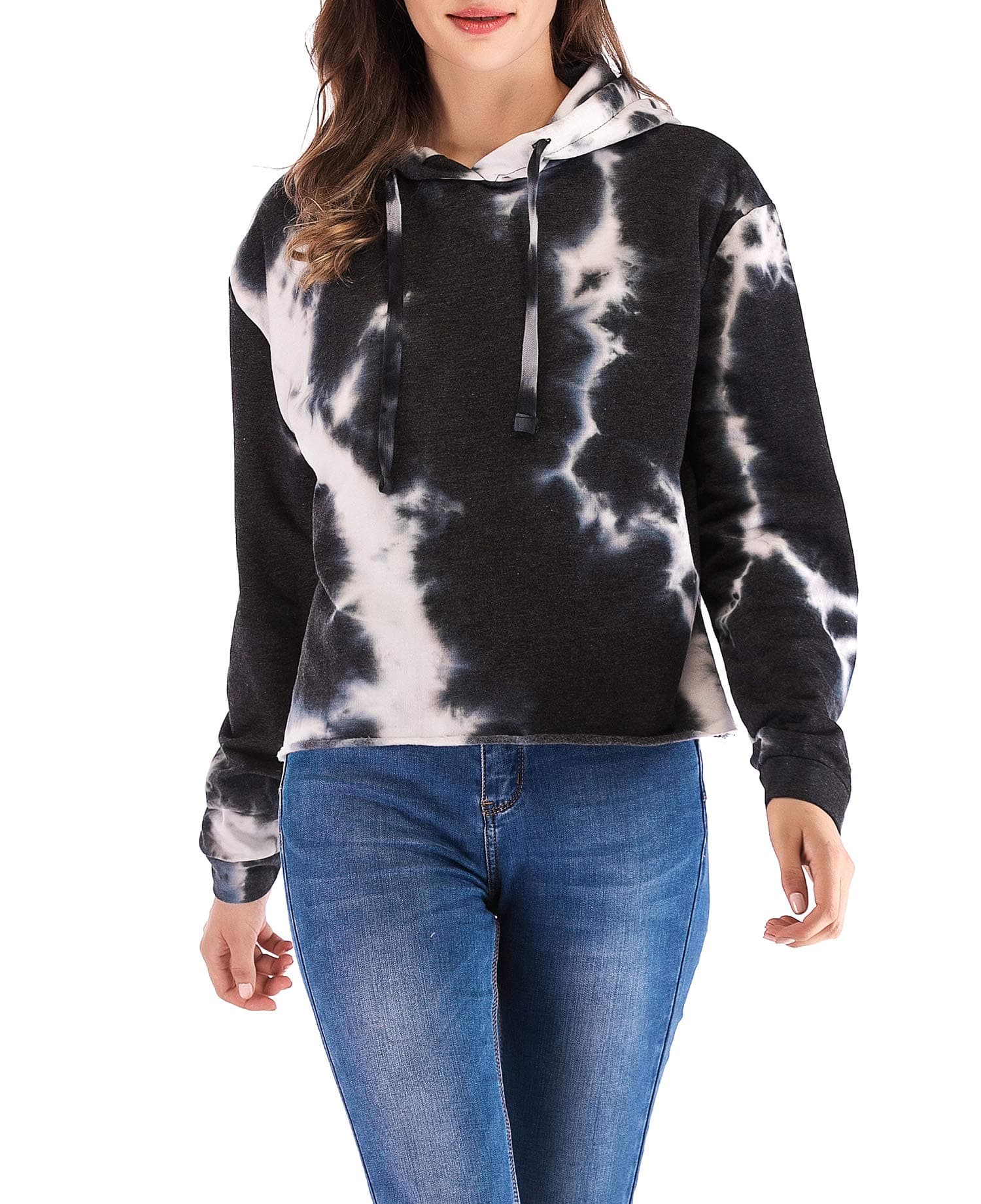 Eanklosco Women's Hoodies Pullover Drawstring Tie Dye Long Sleeve Black L