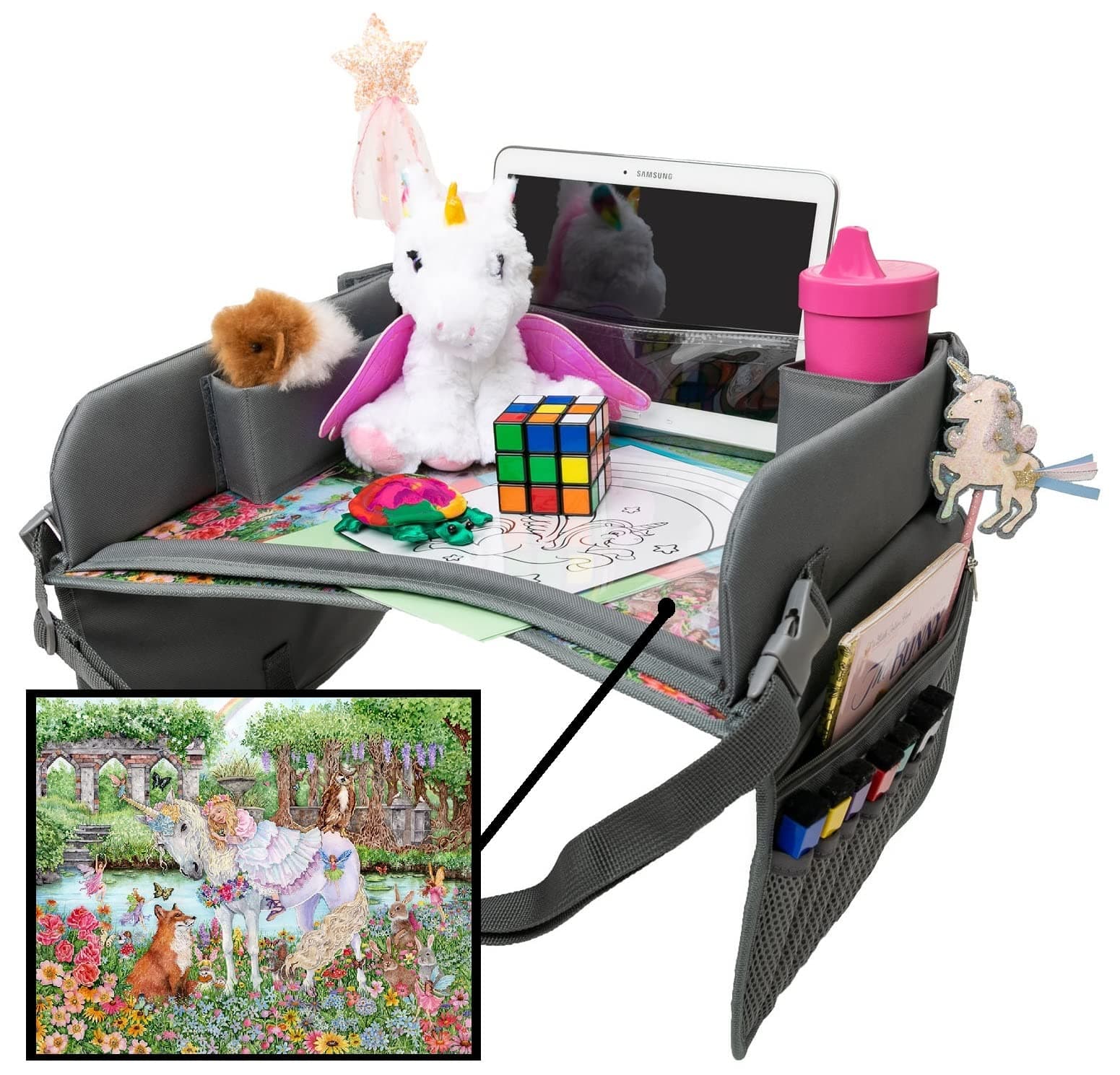 Kids Travel Tray - Princess & Her Unicorn, Dry Erase w/Creative Inserts, Toddler Car Seat Lap Activity Desk, Original Fully Mastered Music Tells an Enchanted Story!