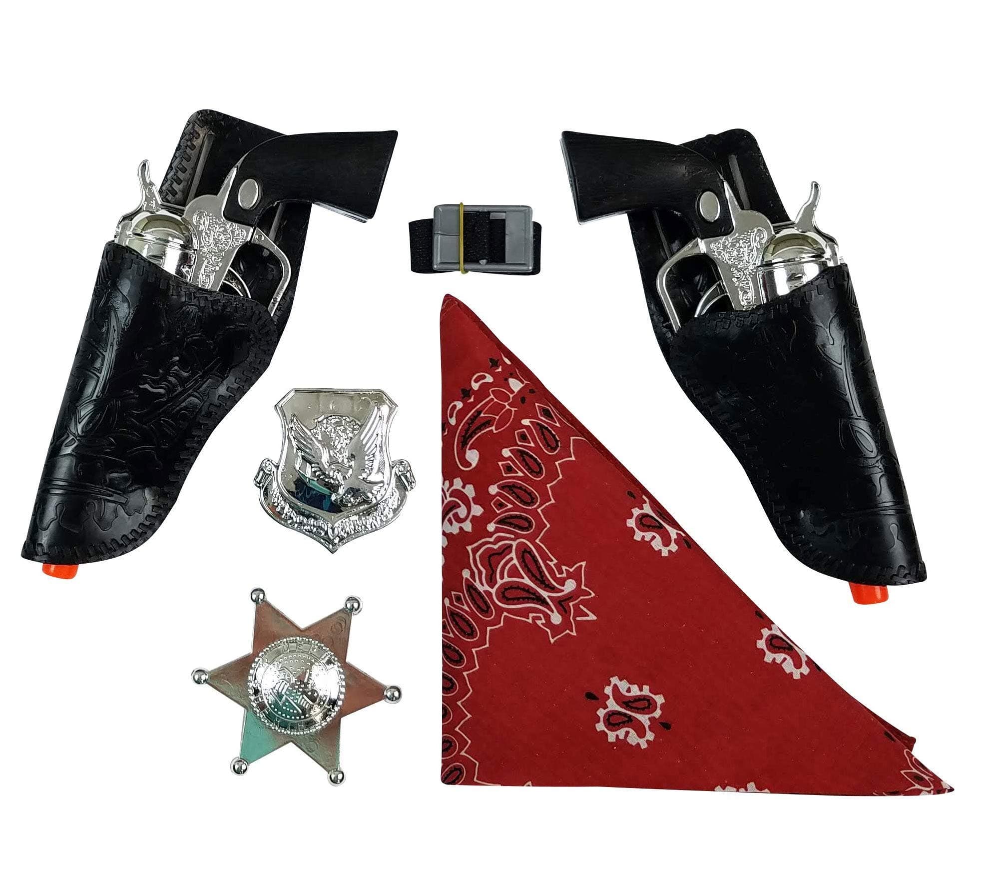 Black Chrome Coloured Finish Western Cowboy Gun Set Red Bandanna 2 Silver Badges (blk Chrome)