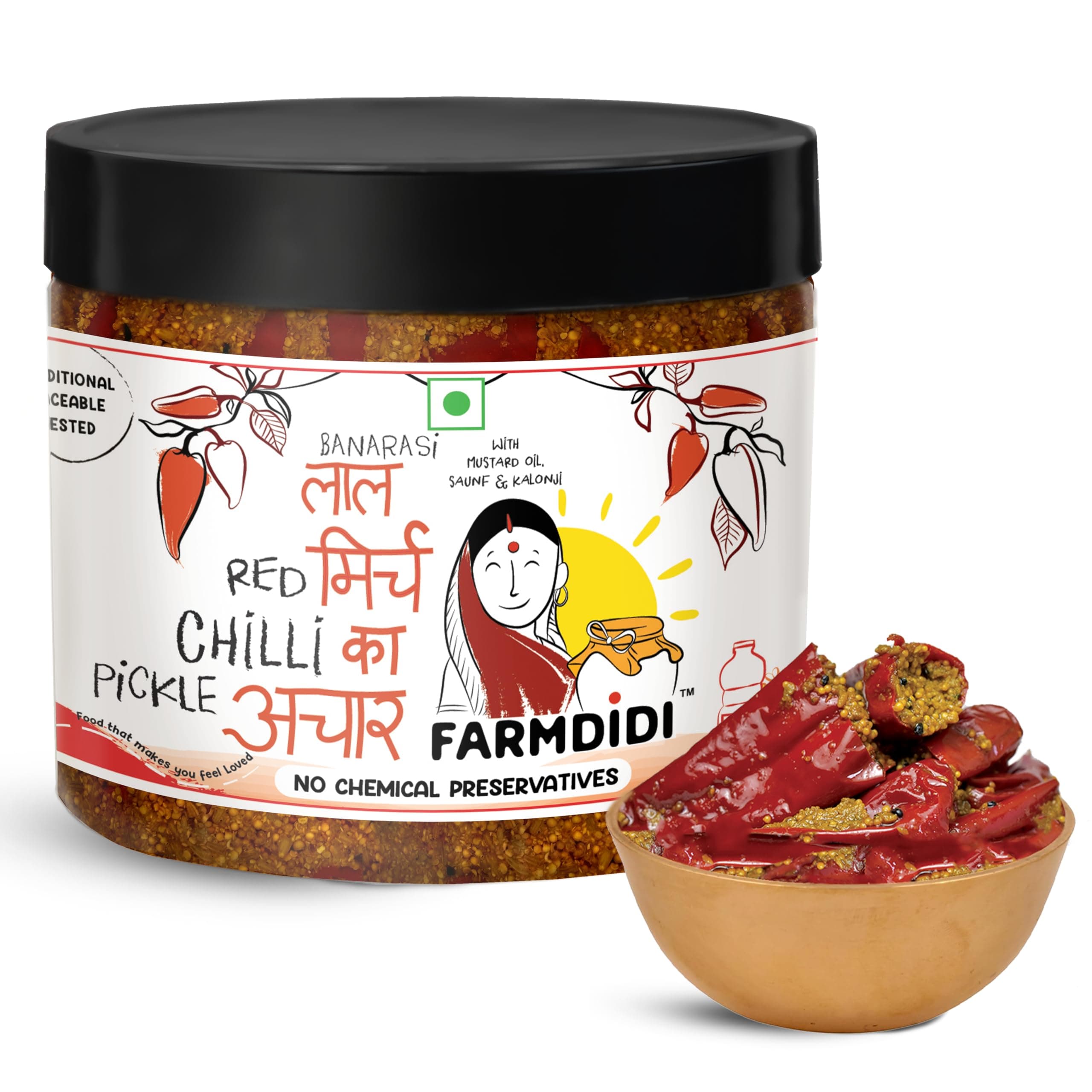 FarmDidi Stuffed Red Chilli Pickle In Fresh Mustard Oil | Lal Mirch Ka Achar 325G | Traditional Indian recipe | No garlic Bharwa Achar | Banarasi Chilli Pickle