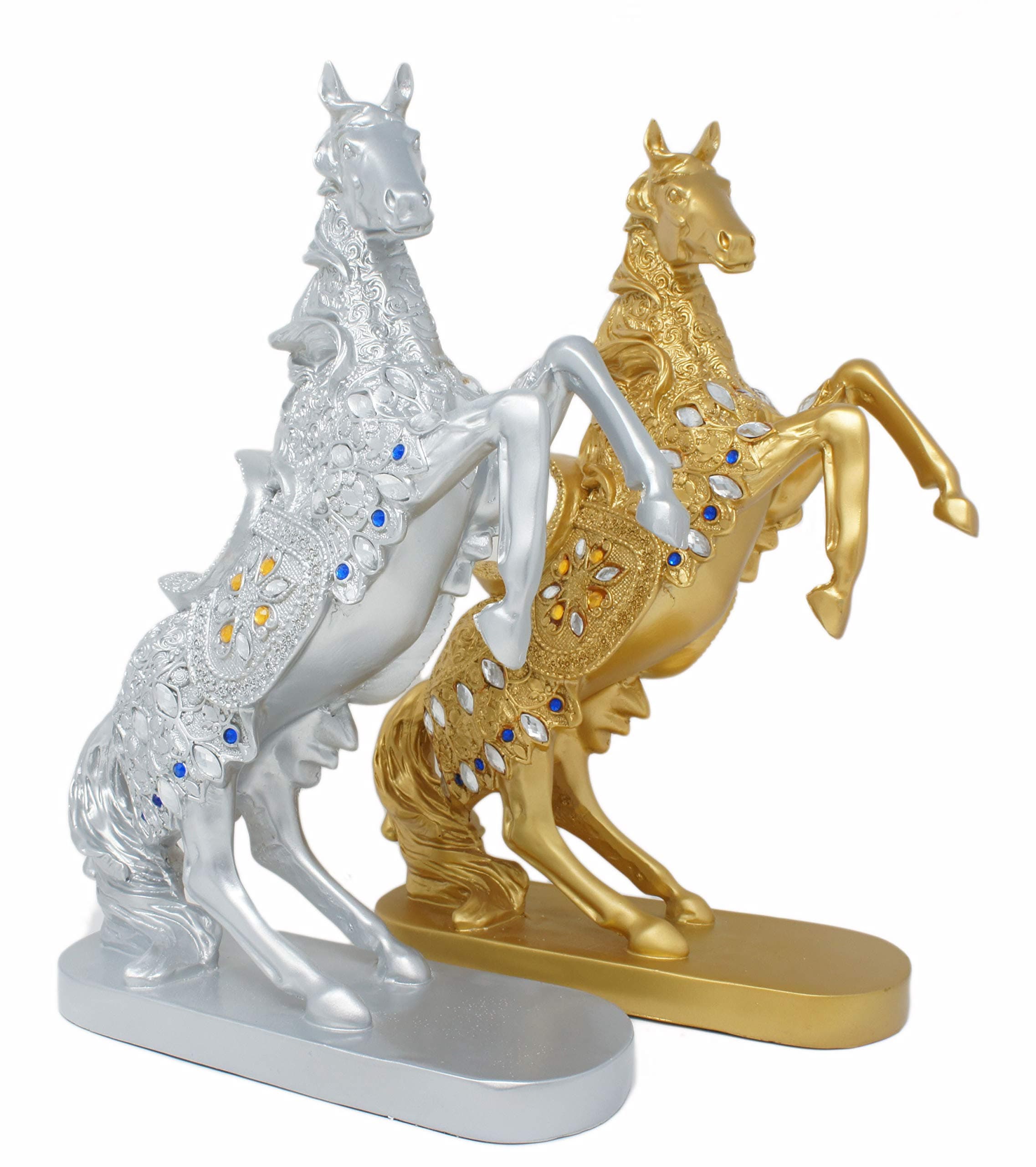 Standing Horse Statue - Playing Horse Sculpture - Horse Statues for Home Kitchen Office Gifts - 14.5 Inch Tall - Silver Gold Color (Silver)