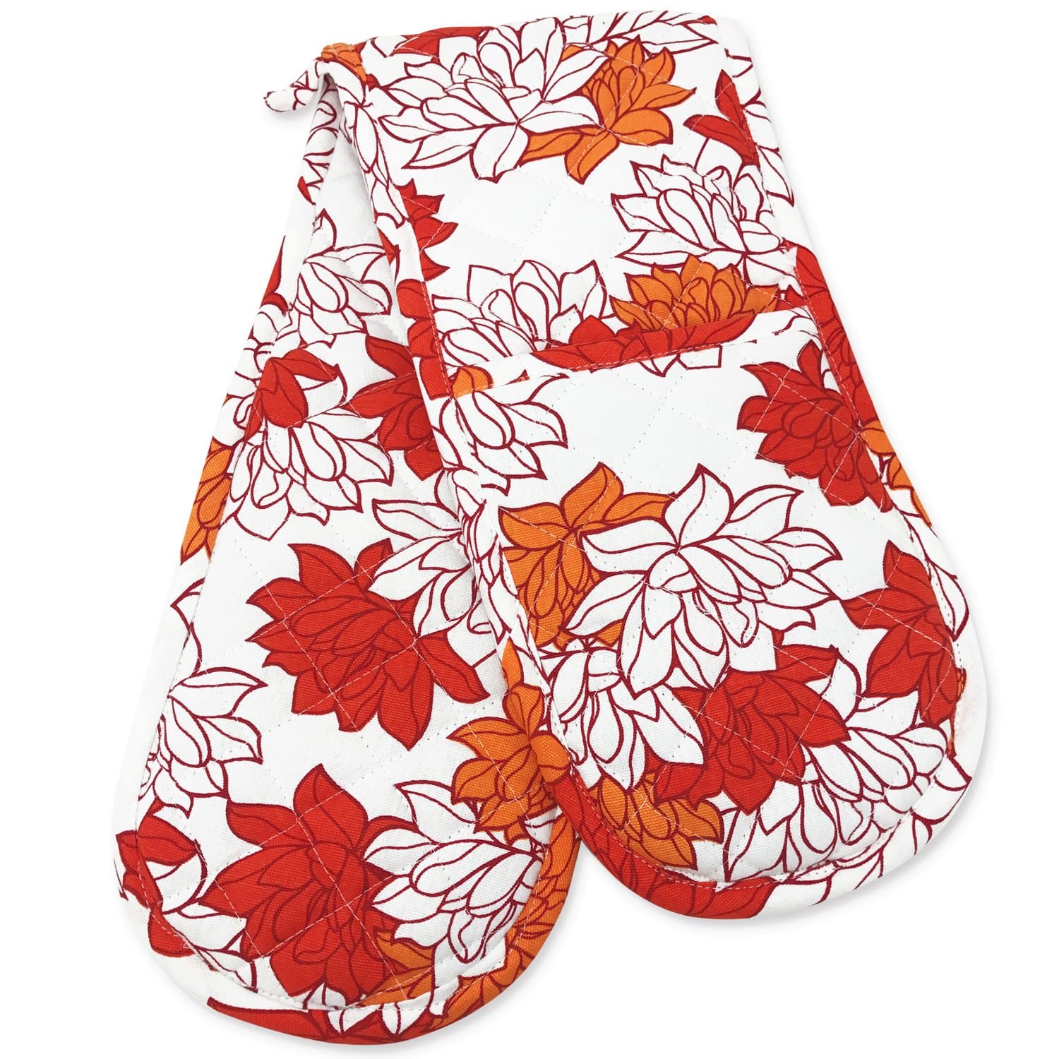 KreativeKitchenry Double Oven Gloves, Smart Home, Pretty Orange Floral, 1 Piece, Long Mitts, Heat Resistant, 100% Cotton, Extra Thick, Quilted