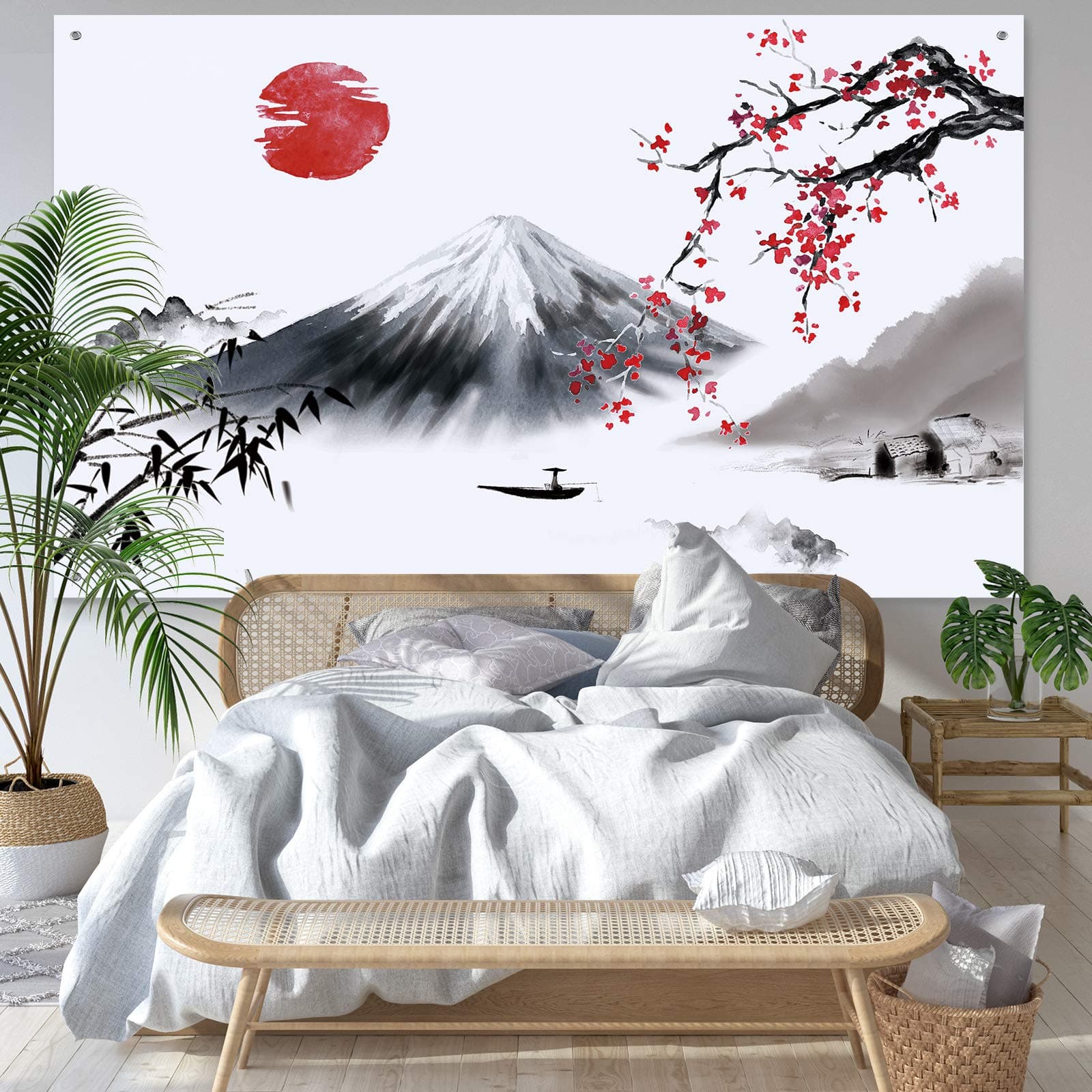 Sumind Japanese Wall Hanging Photo Banner Asian Mount Fuji Red Sun Backdrop Japanese Landscape Nature Background for Japanese Party, 72.8 x 43.3 Inch