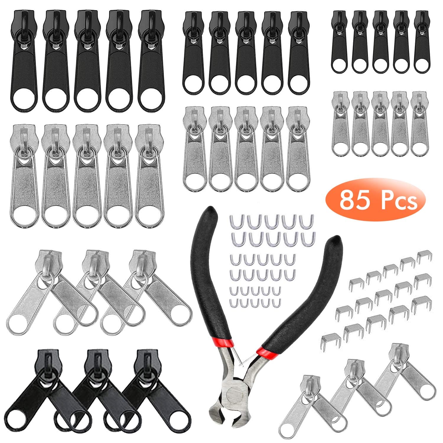 85 Pieces Zipper Kit Metal Pull Tabs Zip Fixer Parts With Zipper Pliers for Jeans Coats Jacket, Silver Black