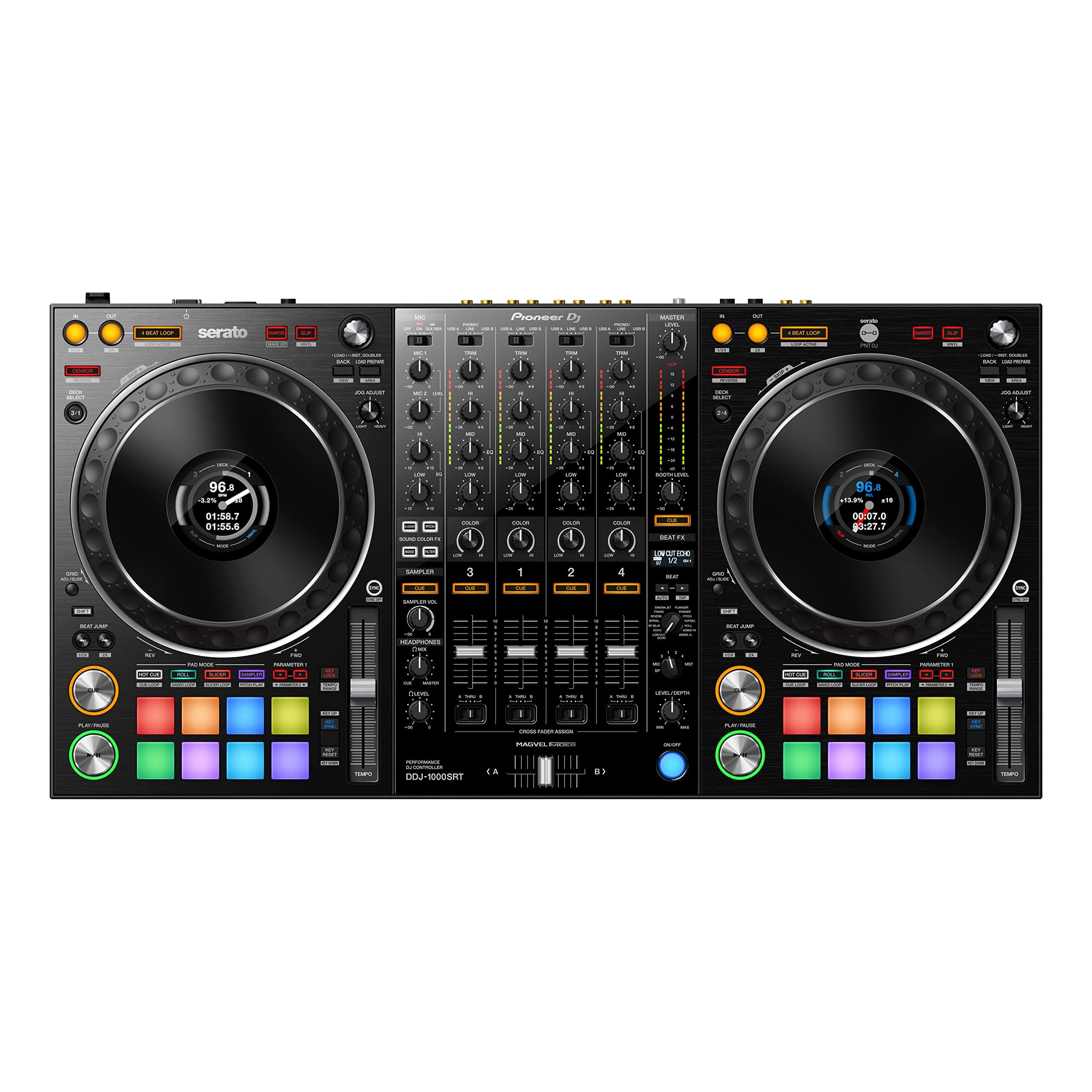 The Serato-compatible version of our popular DDJ-1000 is here – meet the DDJ-1000SRT. This 4-channel DJ controller for Serato DJ Pro is designed to feel just like our club-standard CDJ+DJM setup. You’ll enjoy low-latency, full-size jog wheels and a slick MAGVEL FADER for tight scratching.