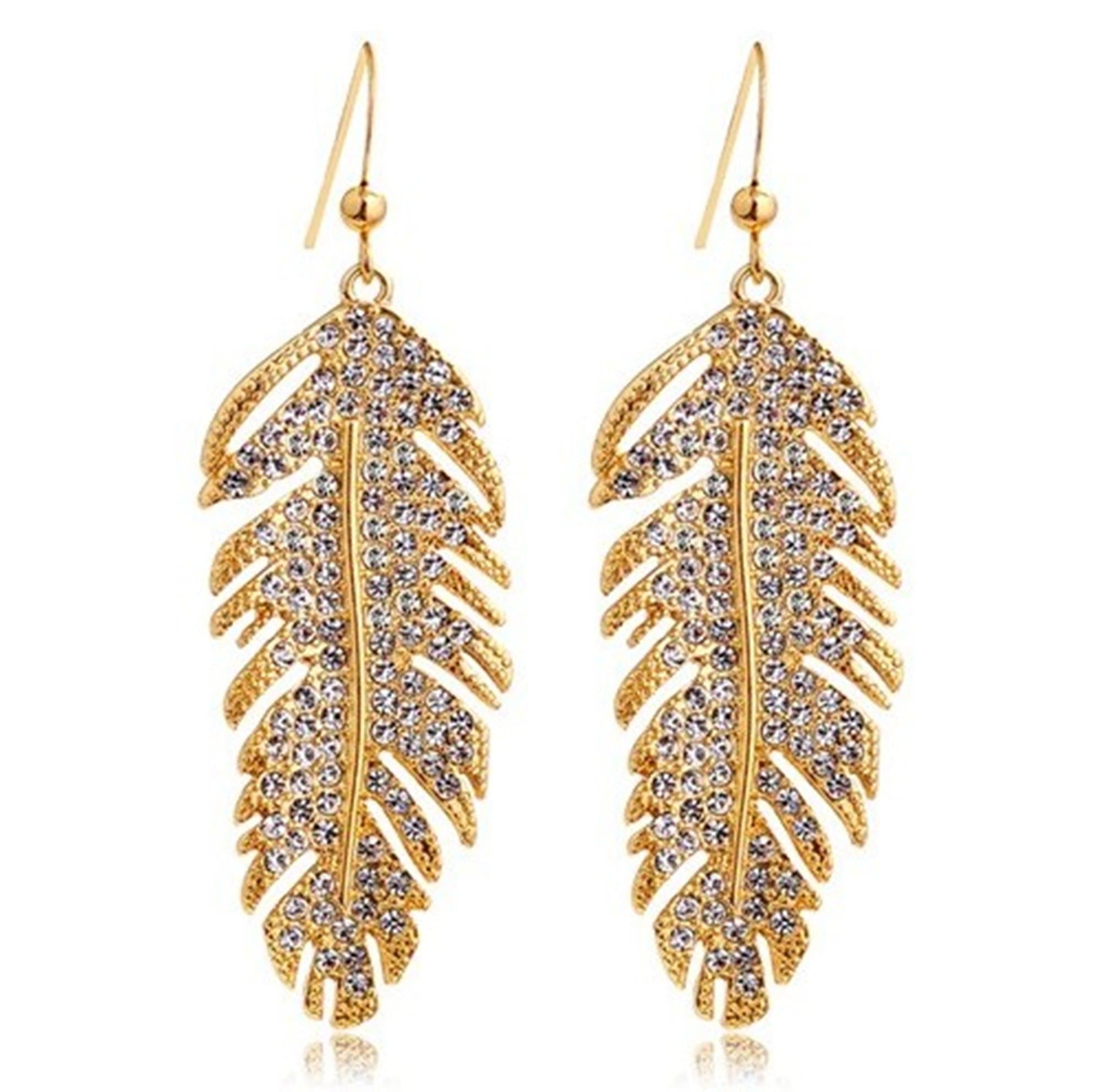 Gold-plated Feather-shaped Elegant Fashion Crystal Fisher-Hook Earrings with Imported Crystal (CF4138-E01)