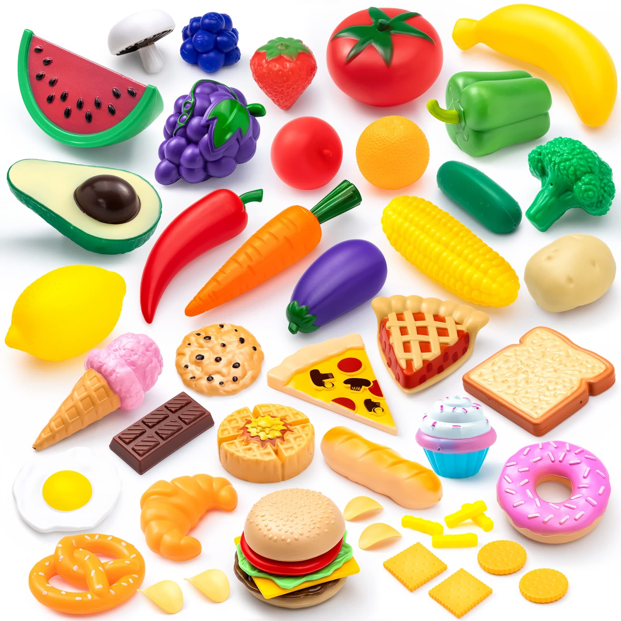 JOYIN 50 pcs Play Food Set for Kids,Plastic Toy Kitchen Accessories with Fruits,Vegetables & Desserts,Imaginative Play Food Toys for Toddlers 2,3,4,5, Bithday Gift for Kids
