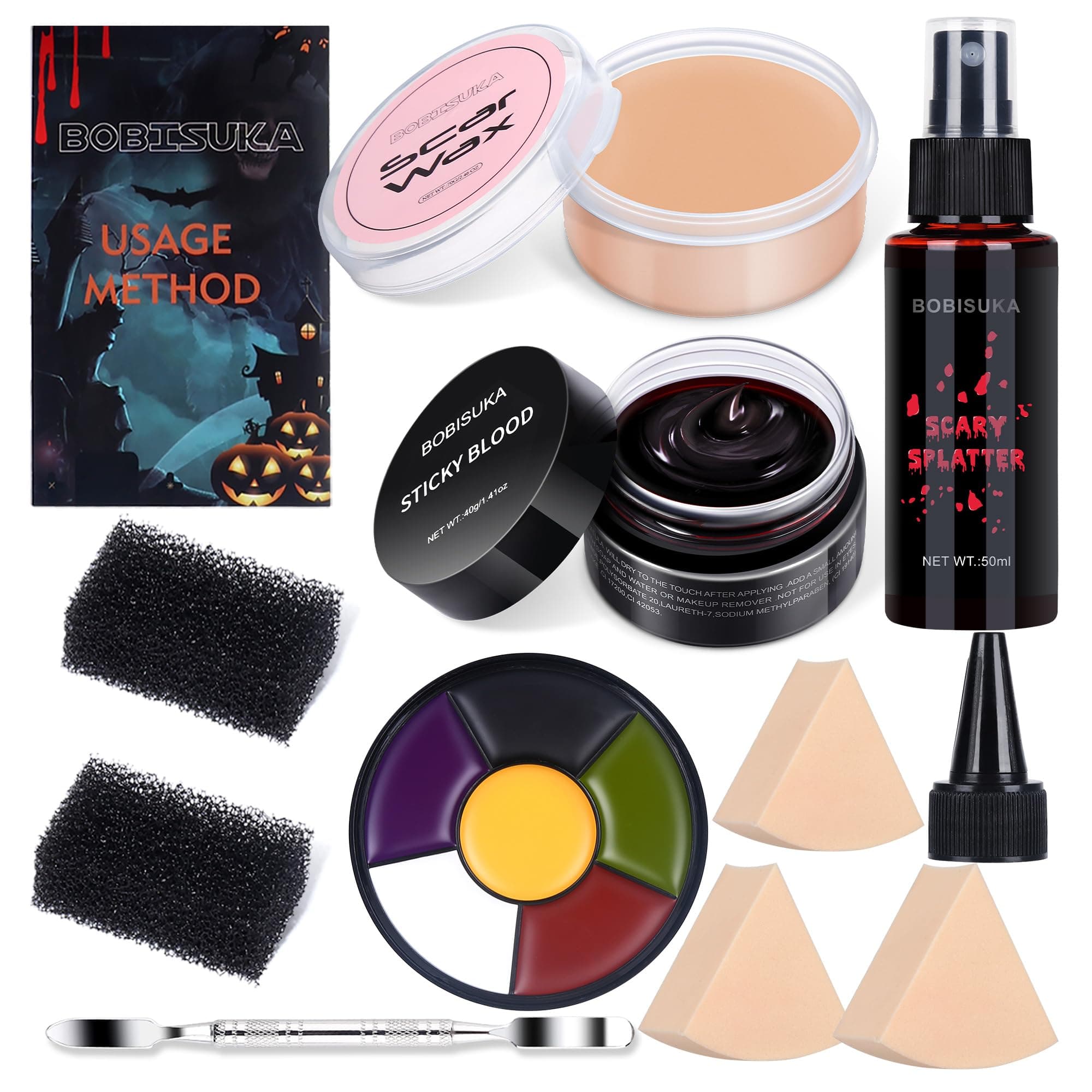 BOBISUKA Special Effects SFX Halloween Makeup Kit - 5 Colors Bruise Makeup Face Body Painting Palette + Scar Wax with Spatula Tool + Fake Blood Splatter Spray + Fake Blood Cream + Stipple Sponges