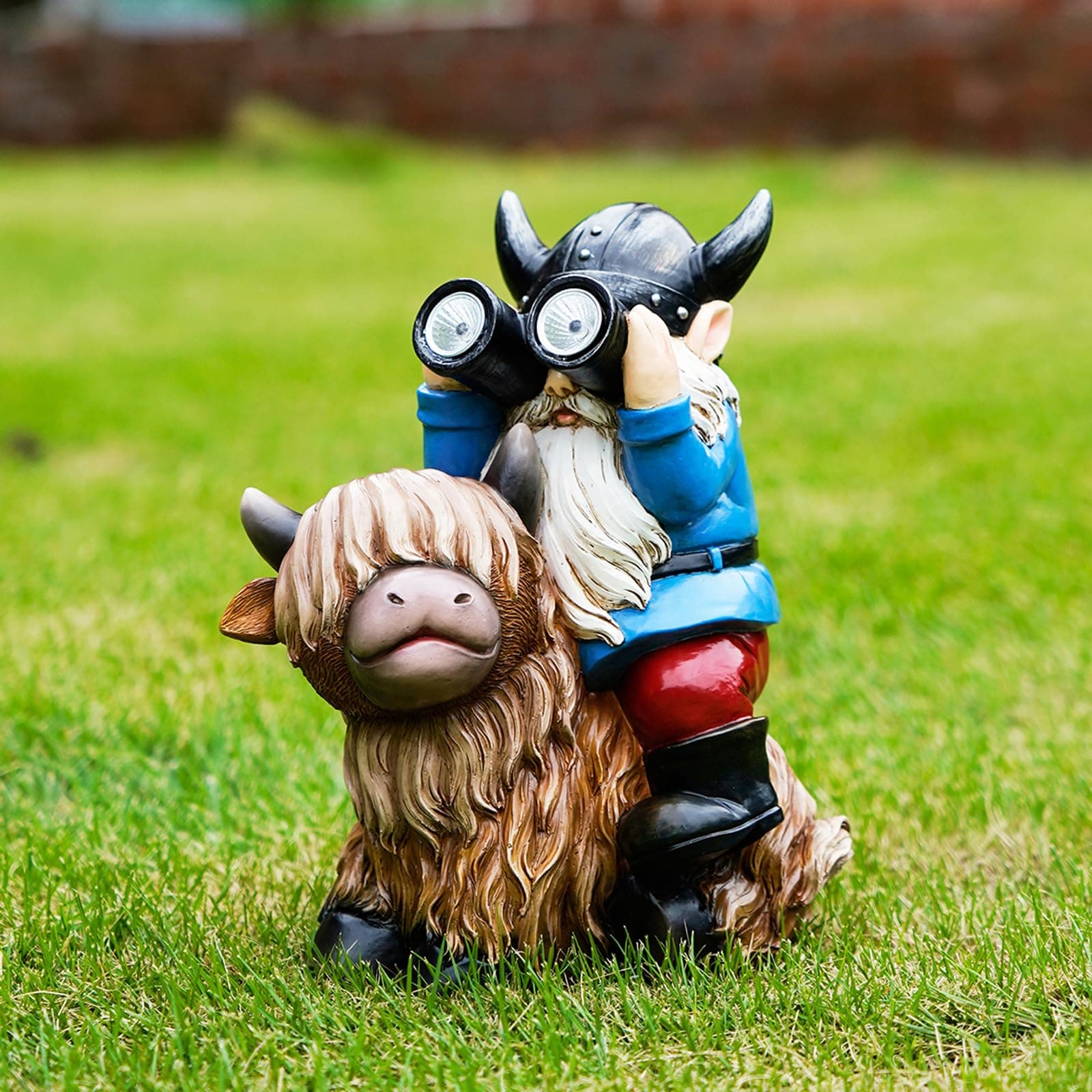 Garden Gnome Statues Resin Gnome Sitting on Highland Cow Solar LED Lights Outdoor Telescope Gnome Decorations