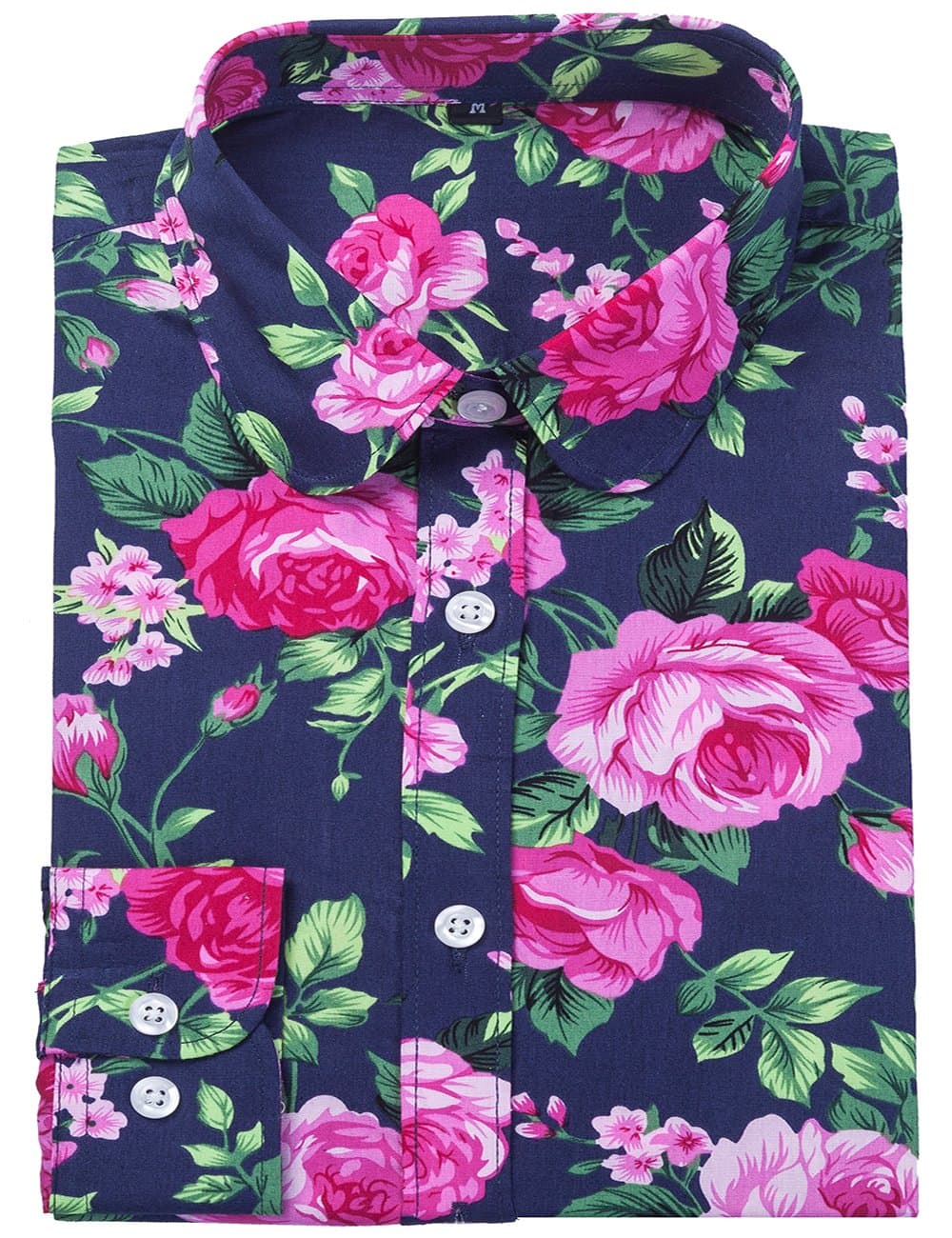 Women's Fashion Floral Button Down Long Sleeve Shirt Casual Blouse (Medium, Navy Blue Fuchsia)