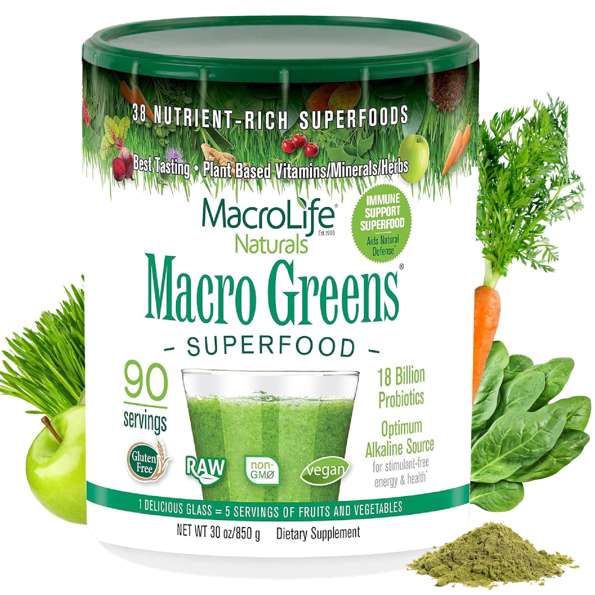 MacroLife Naturals Macro Greens Superfood Powder – 38 Superfoods with Probiotics, Digestive Enzymes & Adaptogens | Non GMO, Vegan, Gluten Free | 18B CFU | 30 oz (90 Servings)