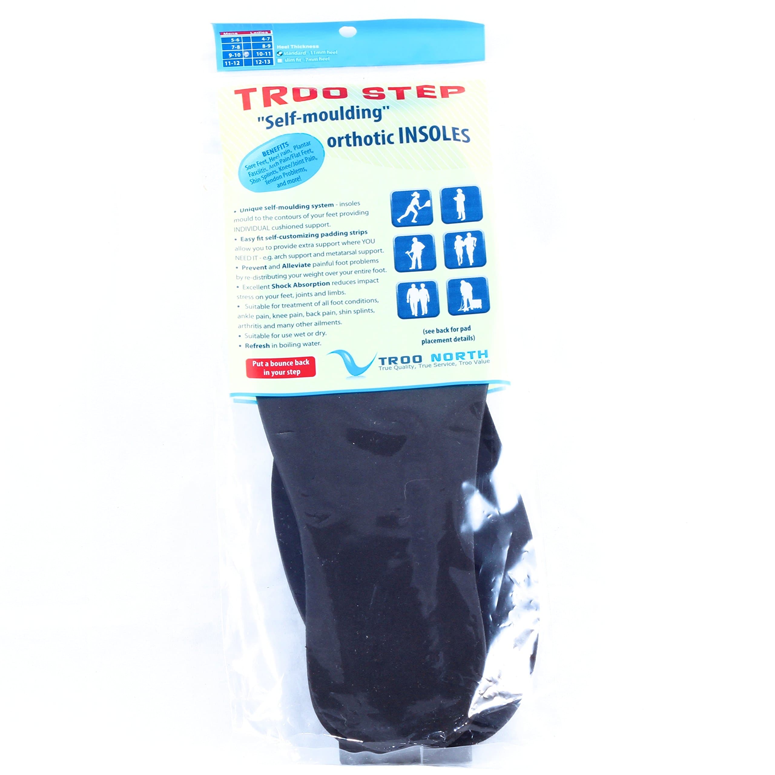 Troo Step Insoles Mens 7-8 / Ladies 8-9 Slim-Fit Heel 7mm - Self Moulding Cushioned Support Insoles for Foot Pain, Heel Pain, Plantar Fasciitis, Spurs, Policemans Heel, Arch Support and More.