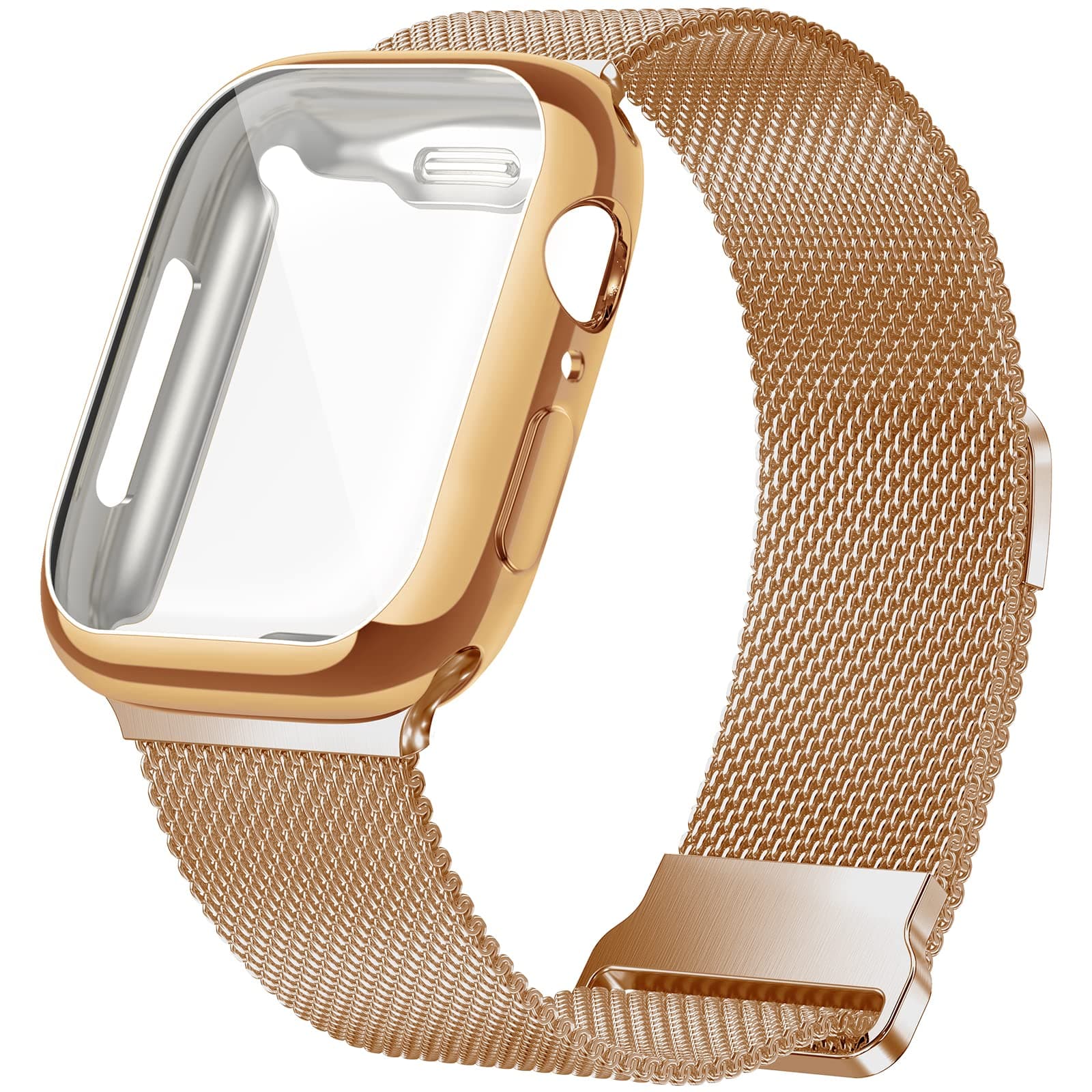 Geoumy Metal Magnetic Bands Compatible for Apple Watch 38mm with Case, Stainless Steel Milanese Mesh Loop Replacement Strap Compatible with iWatch Series 11-/1 SE Women Men, Rose Gold