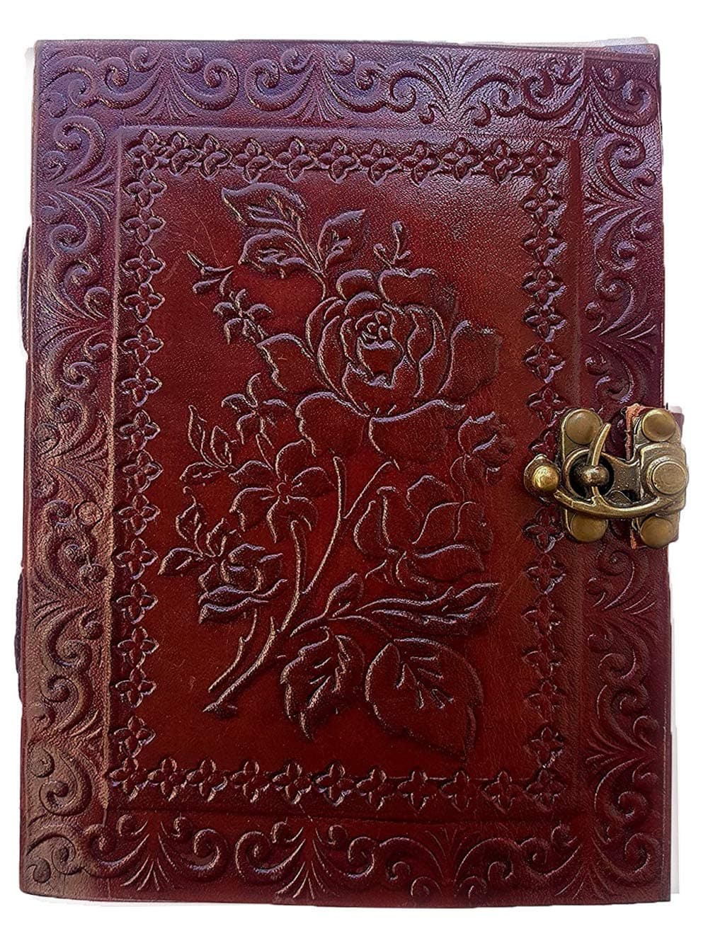 7" Leather Journal with clasp Rose emboss Writing Pad Blank Notebook Handmade Notepad For Girls Women Unlined Paper Best Present for girlfriend lover Sketchbook