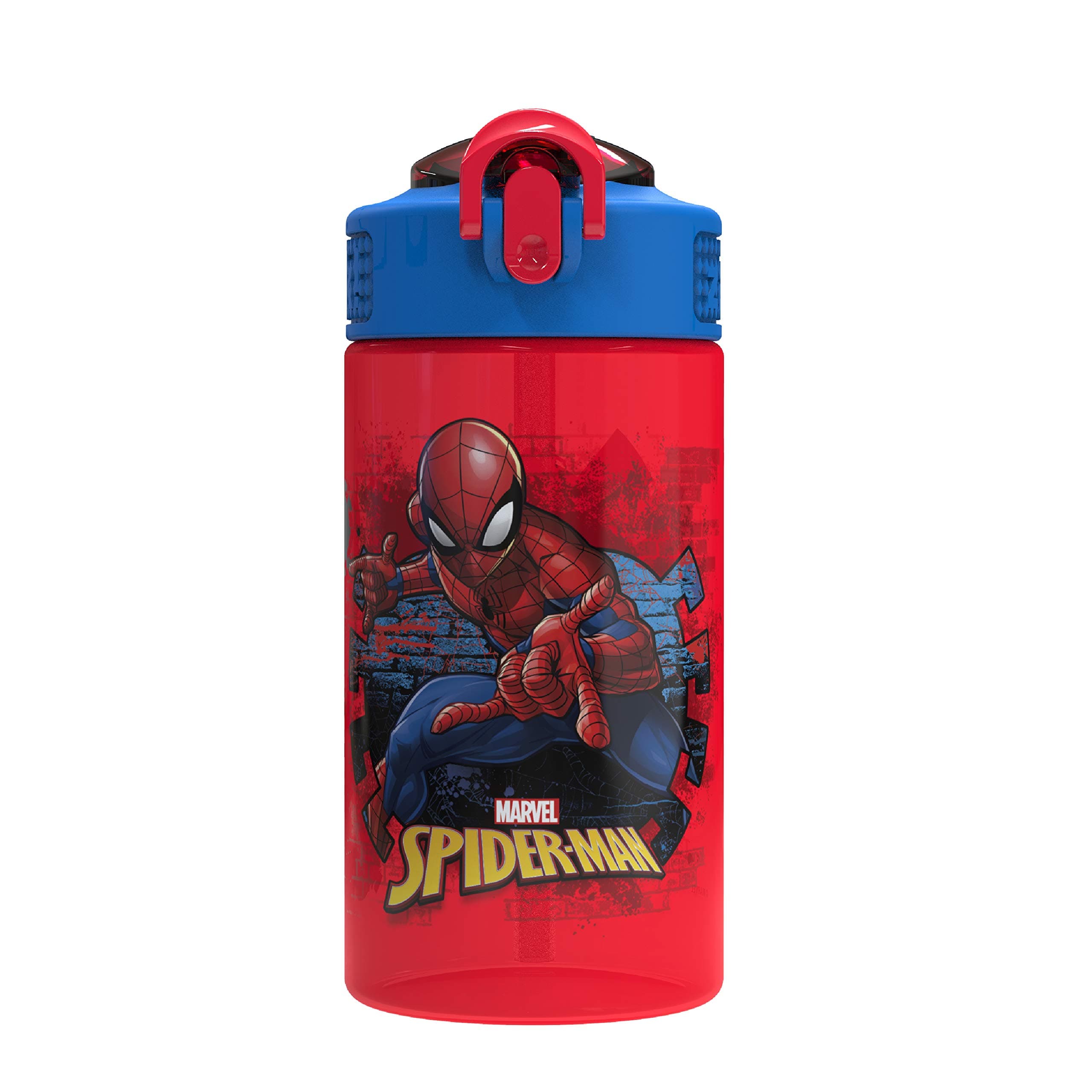 Zak Designs Marvel Kids Spout Cover with Built in Carry Loop Plastic Leak Proof Water Bottle Design (16 oz, BPA Free, Spiderman)