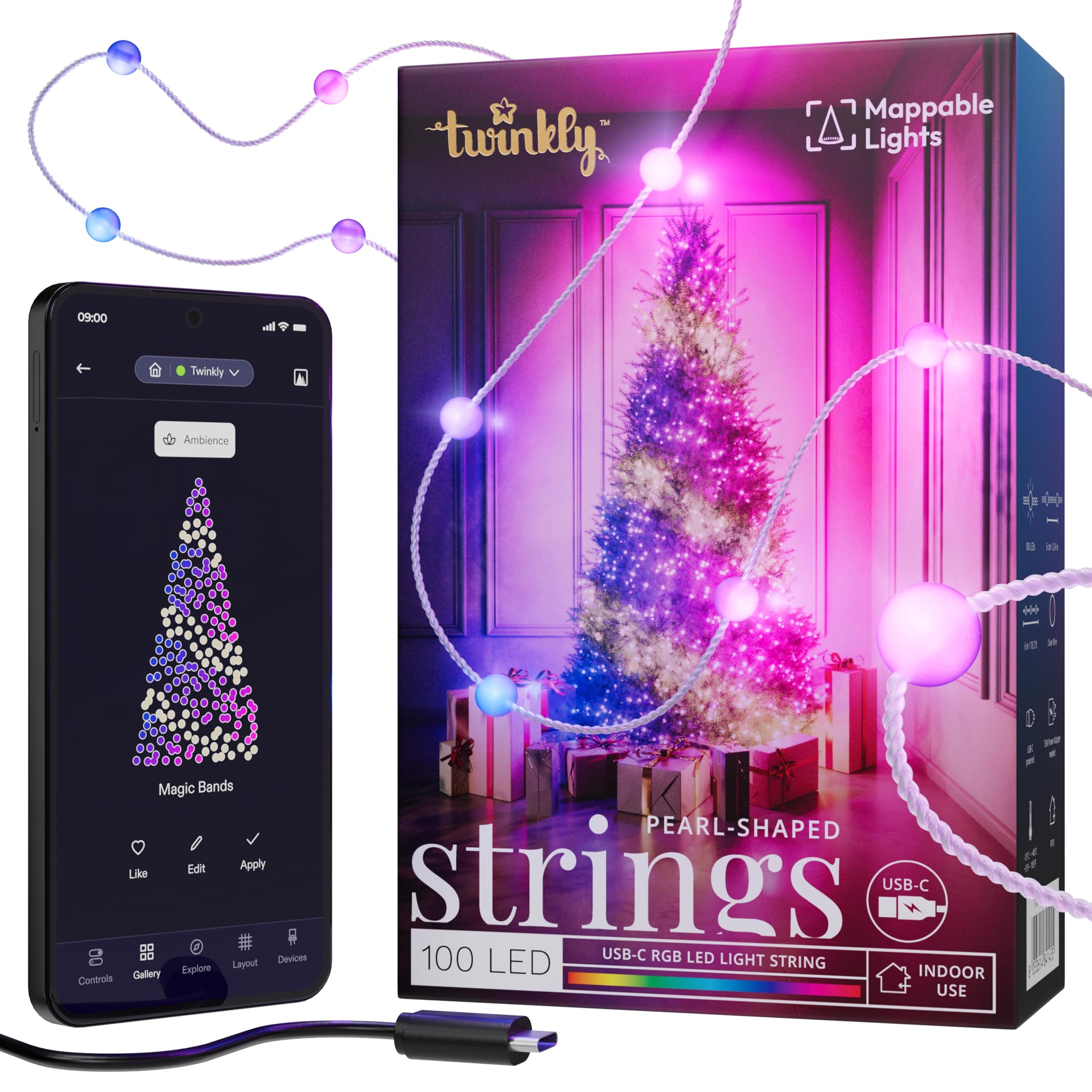 Twinkly Strings USB-C Pearls 100 LED, Pearl-Shaped LED Light String, RGB Multicolor LED Lights, Valentine's Day Lights, Compatible with Alexa, Google Home, USB-C Power, Transparent Wire, 19.7ft