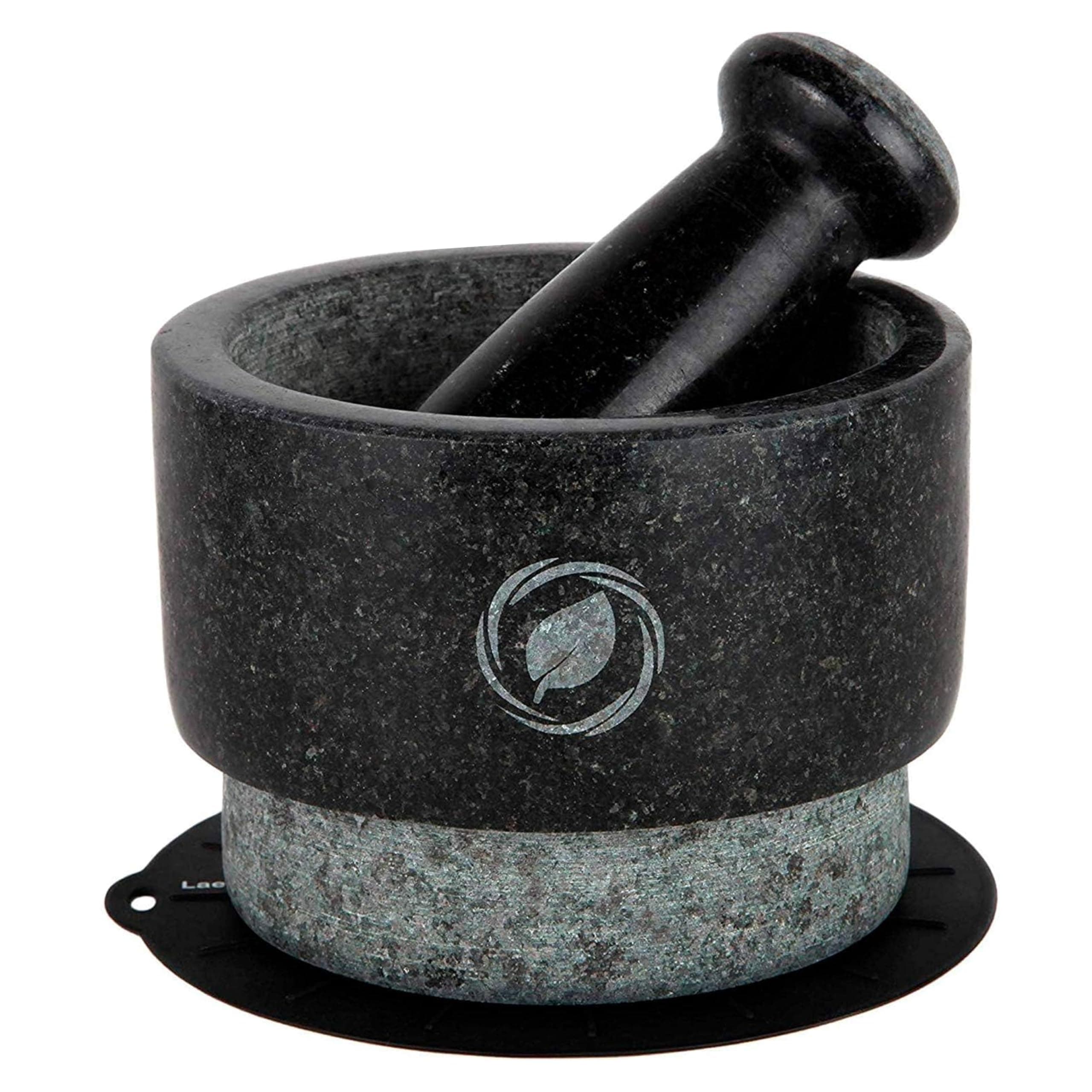 Laevo Granite Mortar and Pestle Set - [5.5 Inch, 17 Oz] Unique Double Sided - Pestle and Mortar Bowl Solid Stone Grinder - Guacamole Mortar and Pestle Large - INCLUDED: Silicone Lid/Mat and Spoon