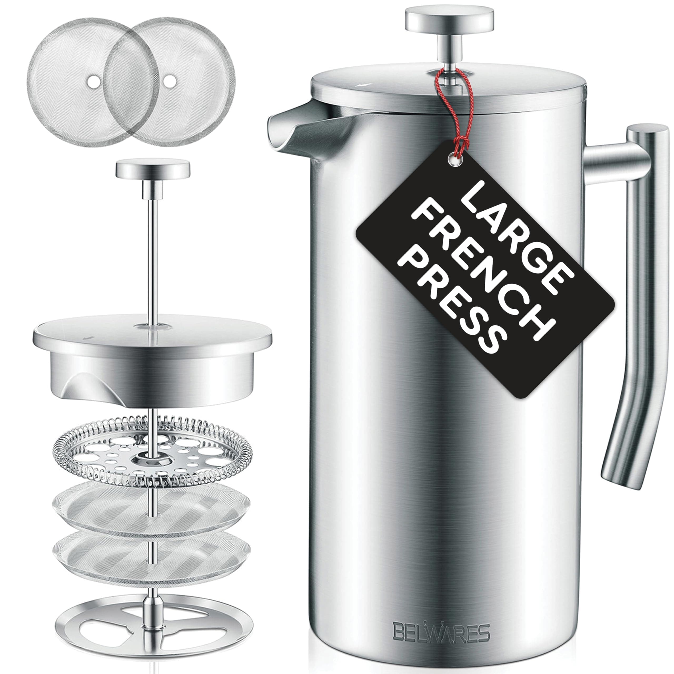 Large French Press Coffee Maker - 50oz, 1.5L Double Wall 304 Stainless Steel Coffee Press - 4 Level Filtration System with 2 Extra Filters, Silver
