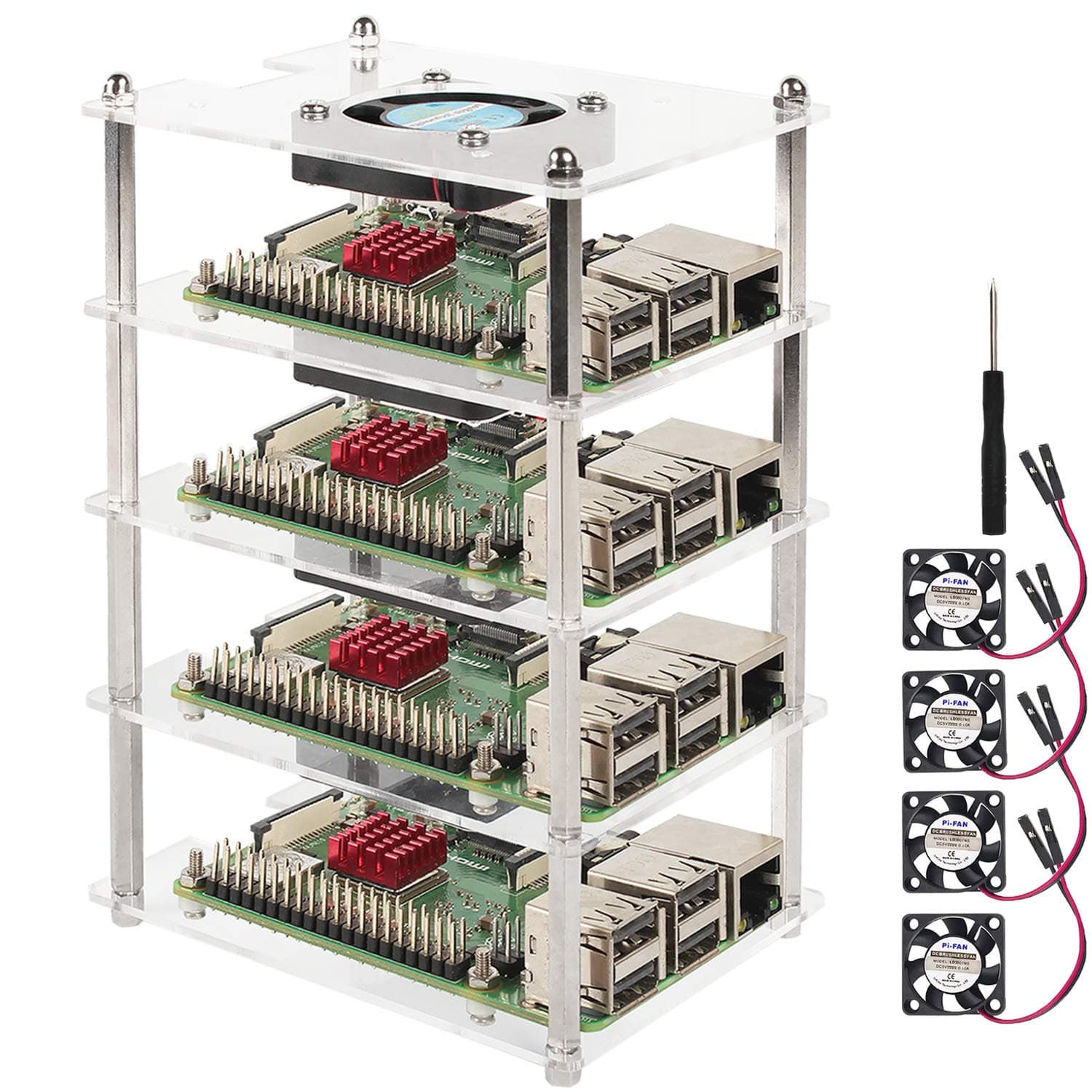 Eau 4 Slot 4 Cluster Case, 3 Clear Case with Cooling Fan, 4 Layers Acrylic Case Pi Rack Case Stackable Case for 3B+, 3/2 Model B