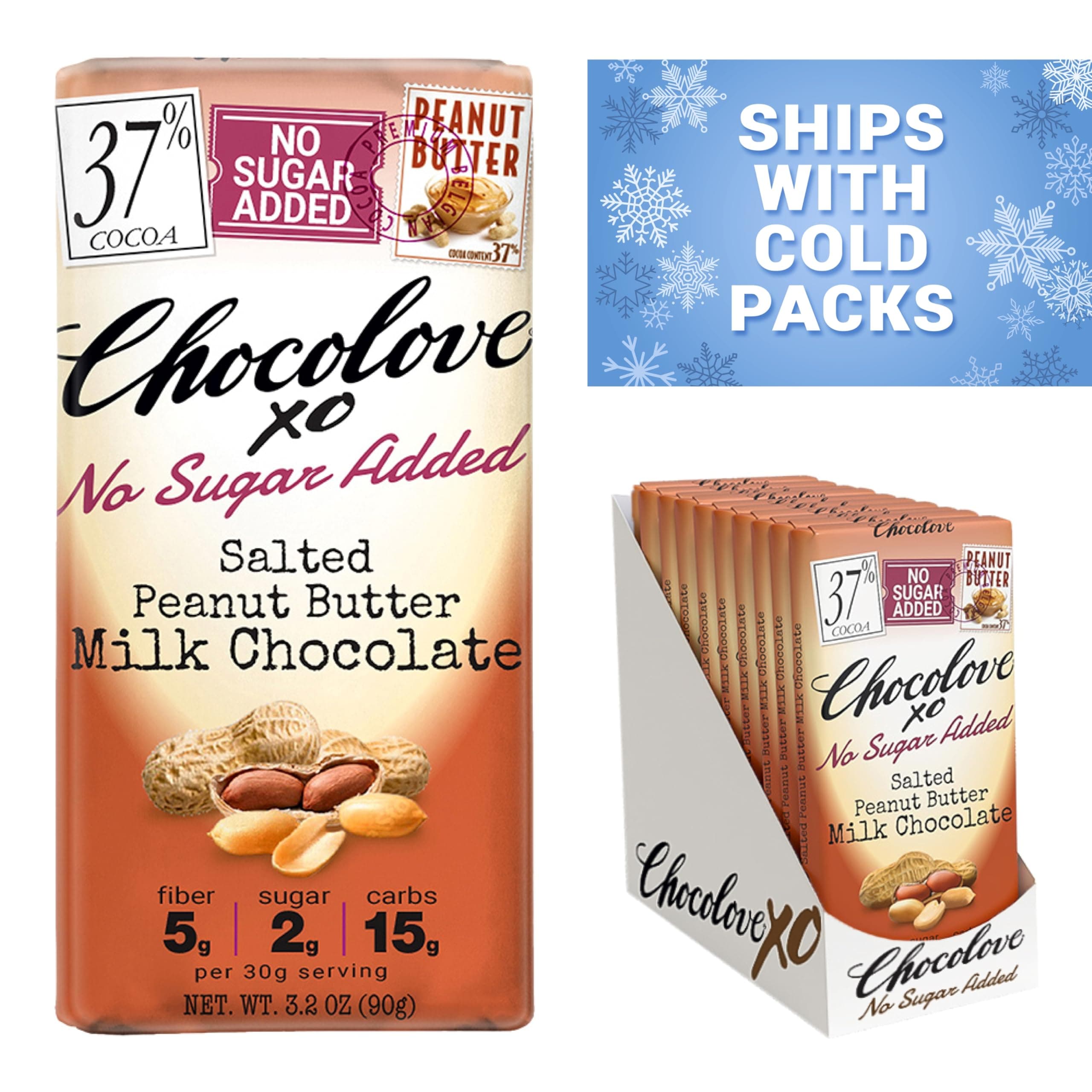 Chocolove XO Salted Peanut Butter Chocolate Bars | 37% Cocoa | No Sugar Added | Irresistibly Sweet & Savory | Made with Creamy Belgian Chocolate | Non-GMO, 3.2 oz Bar (10 Pack)