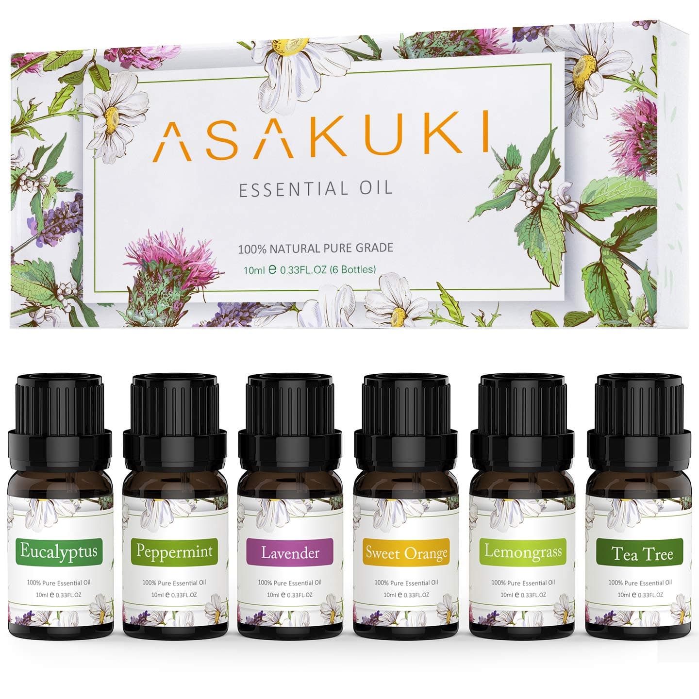 ASAKUKI Essential Oils Set, Top 6 Natural Aroma Oils for Diffusers, Humidifiers- Tea Tree, Lavender, Peppermint, Eucalyptus, Lemongrass, Sweet Orange 10ml Oils