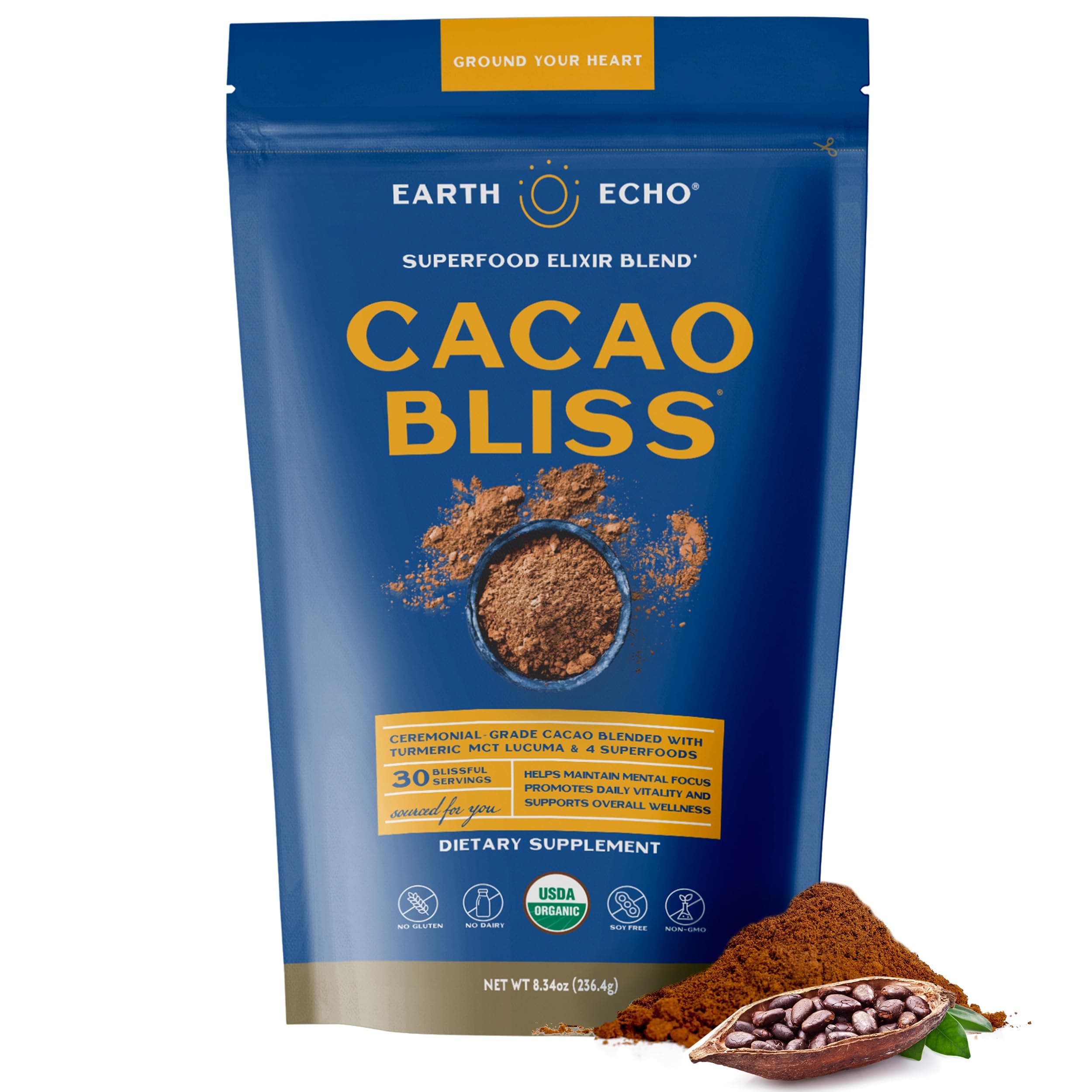 Cacao Bliss Organic Superfood Powder with MCT Oil and Turmeric for Natural Energy, Reduced Cravings, and Boosted Mental Clarity, Dairy-Free, Gluten-Free, Keto-Friendly, 30 Servings