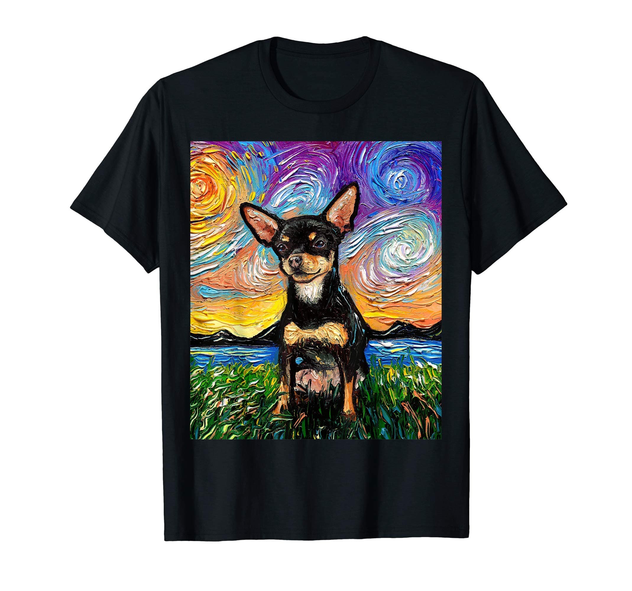 Sagittarius GalleryBlack and Tan Smooth Chihuahua Starry Night Dog Art by Aja T-Shirt