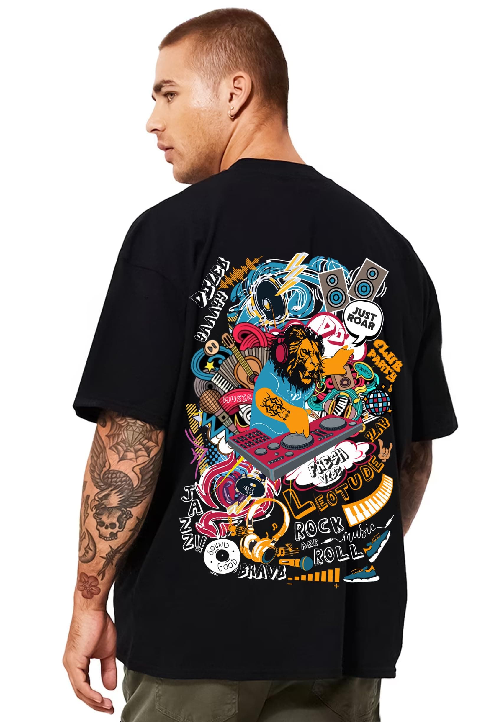 LEOTUDE Men's Oversized Cottonblend Round Neck Half Sleeve Back Printed Drop Shoulder Tshirt(Color : Navy)