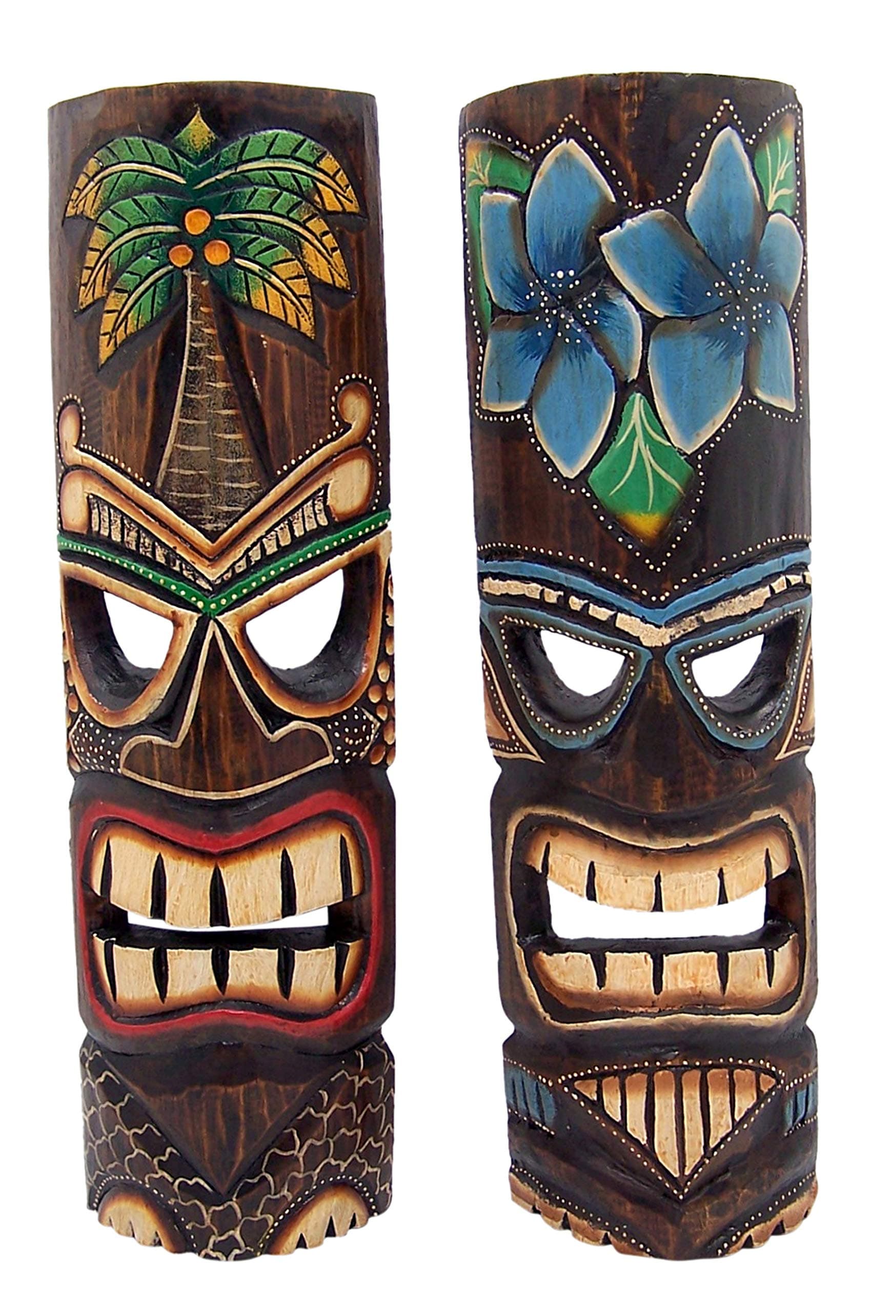 Wowser Hand Crafted Polynesian Hawaiian Style Floral Painted Tiki Masks, Wall Décor, Set of 2 Assorted Colors,19 Inches