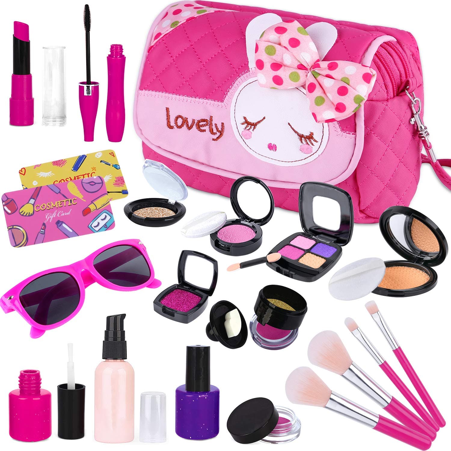 GINMIC Kids Pretend Makeup Kit - Pretend Play Makeup Set Toys with Pink Princess Purse & Sunglasses for Girls 3-10 Year Old - Including Brushes, Eye Shadows, Lipstick