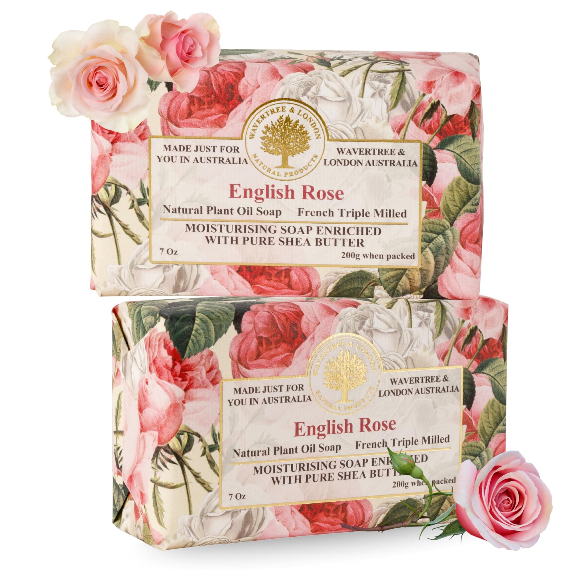 English Rose Scented Natural Soap Bars for Women & Men (2 x 7oz) – Moisturizing Triple-Milled Soap Bars Enriched with Shea Butter – Plant-Based Bath & Body Bar for All Skin Types