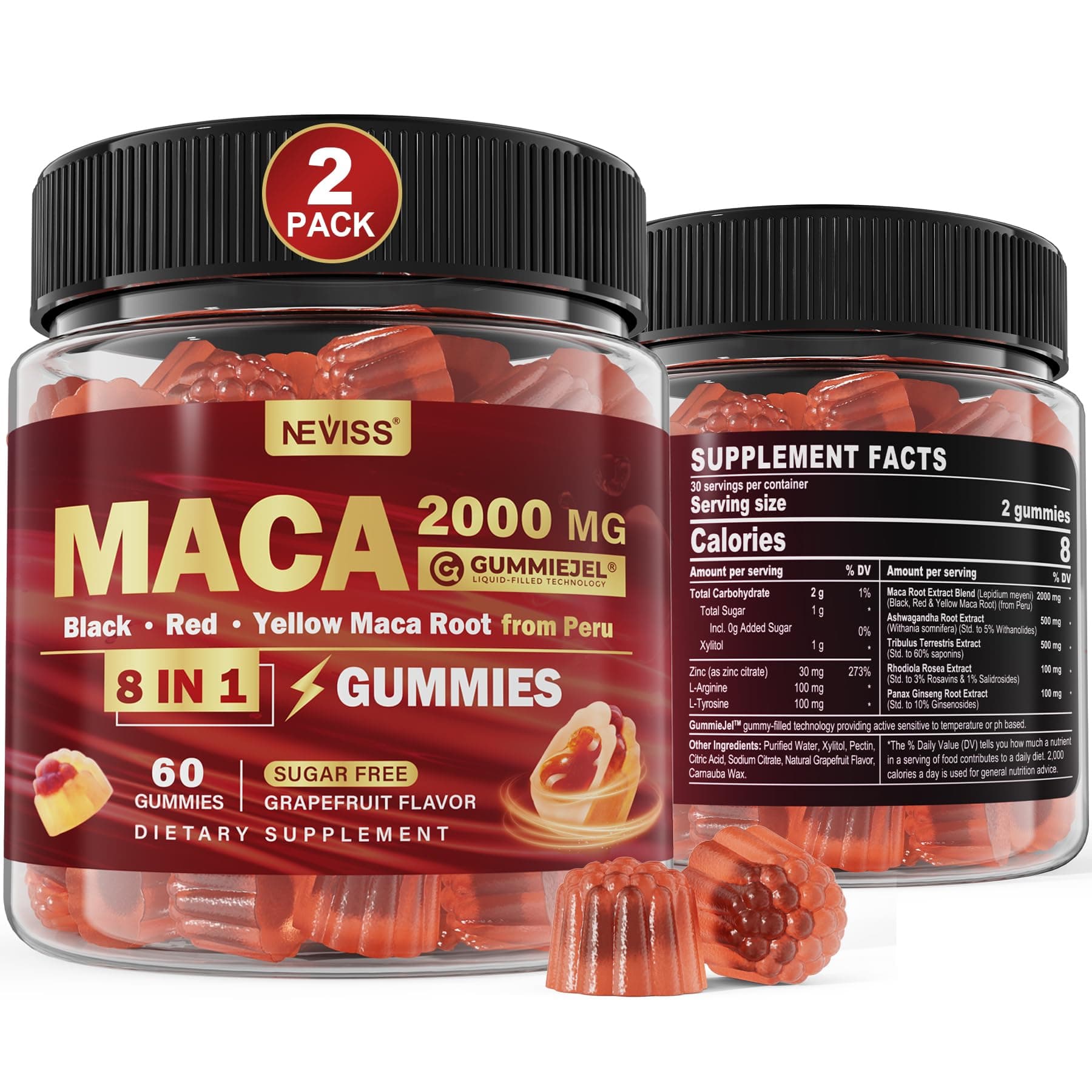 2 Pack Sugar Free Maca Root Gummies 2000mg with Ashwagandha, Tribulus Terrestris, Rhodiola, Panax Ginseng, L Arginine & L Tyrosine - Organic Black Red Yellow Maca Root for Women Men Energy Support