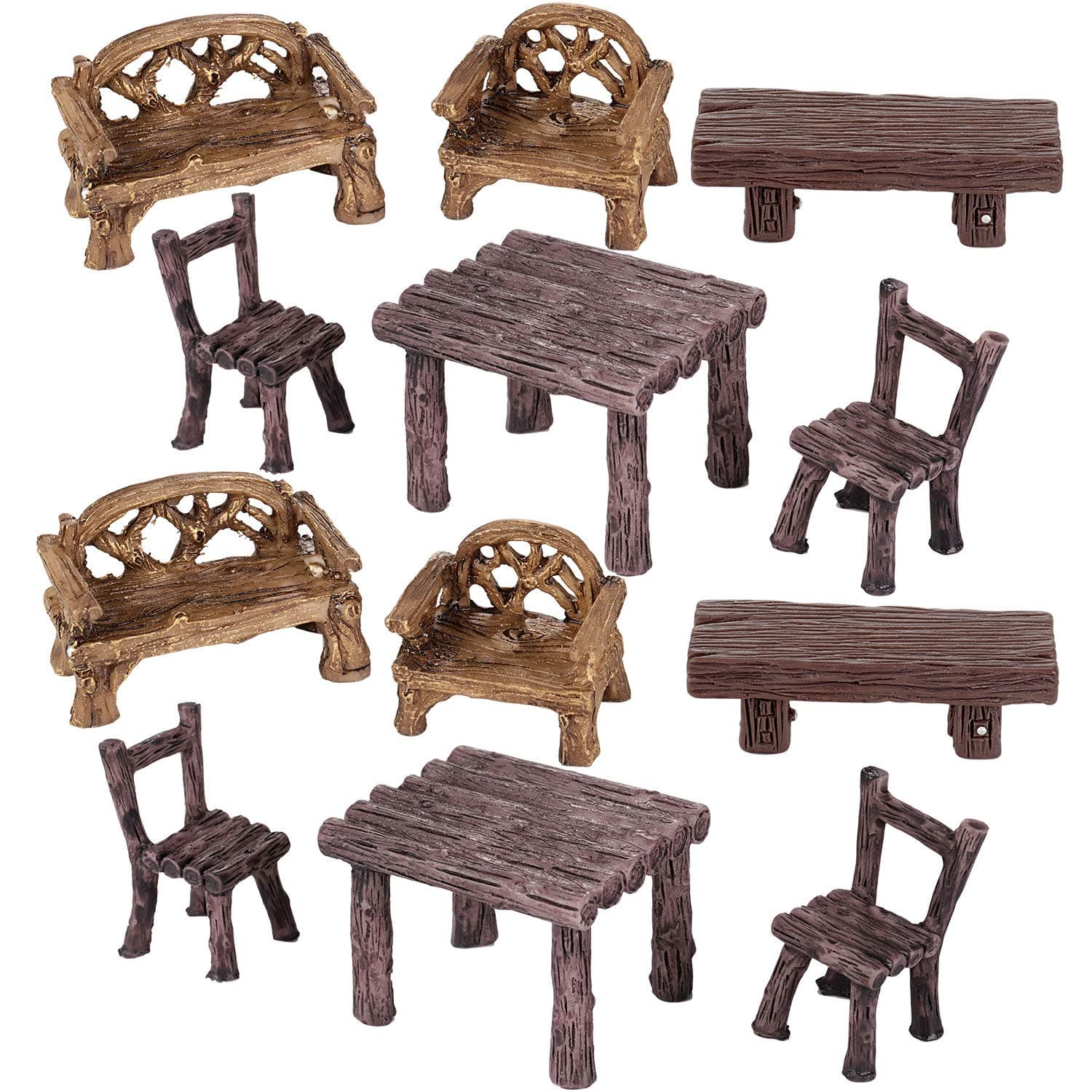 Skylety 12 Pieces Garden Furniture Ornaments Miniature Table and Chairs Set Village Micro Resin Bench Chair for Dollhouse Accessories Home Micro Landscape (Vintage Style)