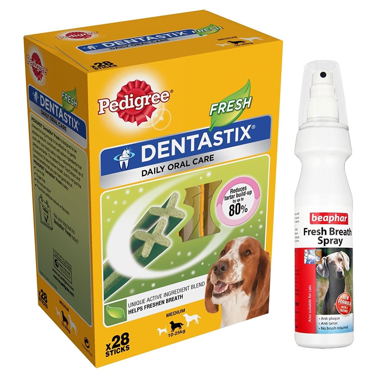 DENTASTIX Fresh 28 Pack and Beaphar Fresh Breath Spray For Dogs (Medium Dogs)
