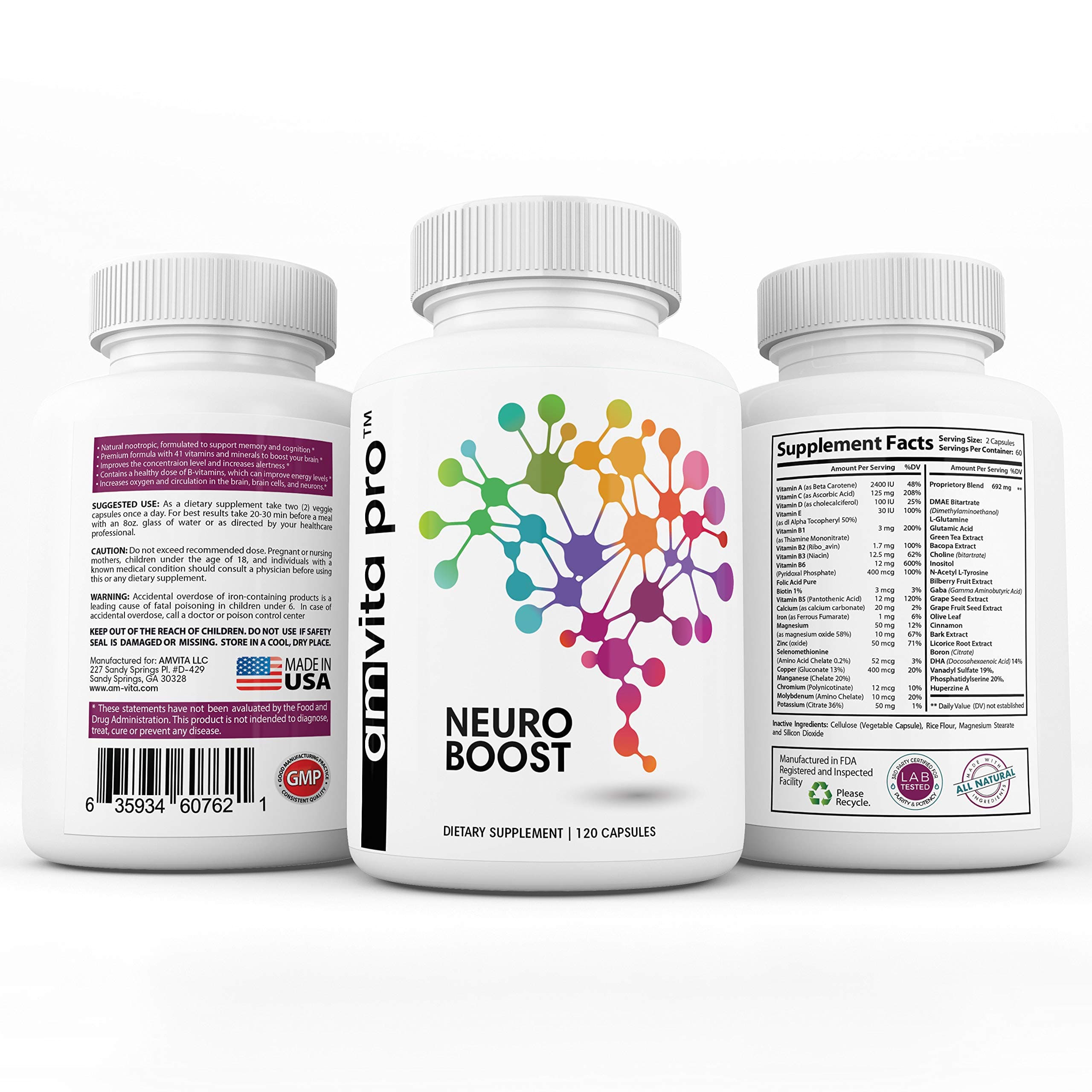 Advanced Neuro Boost Brain Supplement - Memory, Focus, Clarity - Nootropic with DMAE, Bacopa Monnieri, L-Glutamine, Vitamins, Multi Minerals - 120 Pills