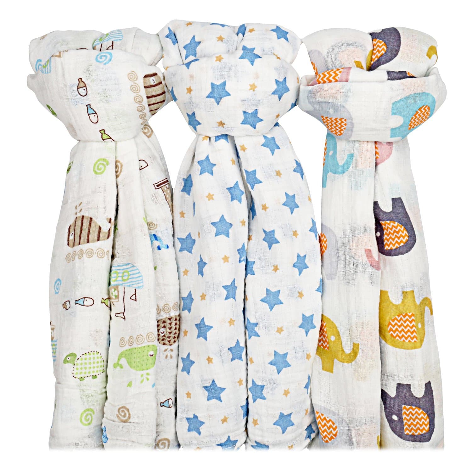 Large & Light Muslin Swaddle Blanket Baby Blankets Unisex,Skin Friendly Soft Cotton Swaddle Towel Baby Shower Blankets for Girls Boys,47 X 47 in,3 Pack (Blue Star & Sea World & Elephant Pattern)