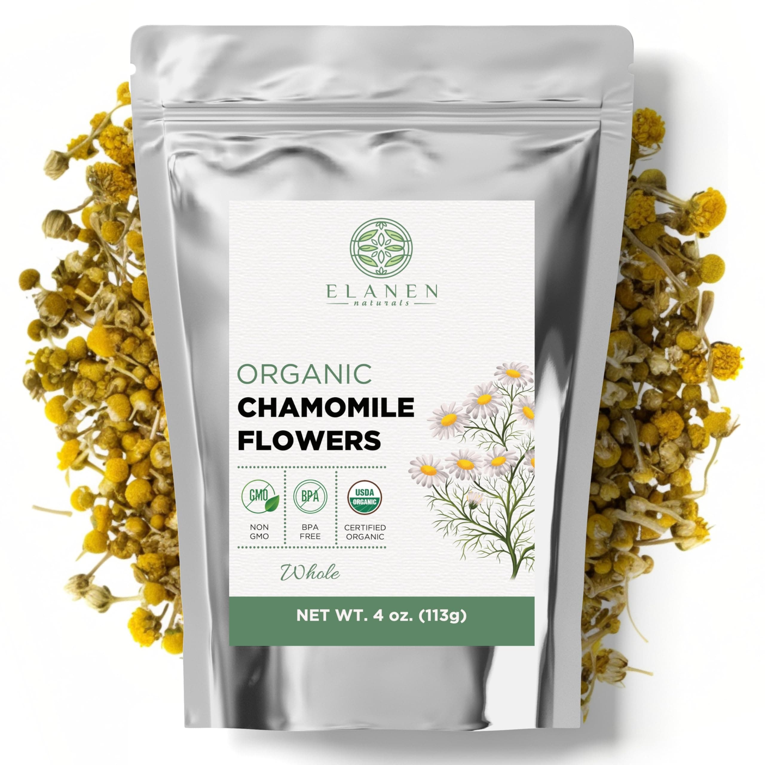 Elanen Naturals Organic Chamomile Flowers 4 oz. (113g), USDA Certified Organic Camomile Manzanilla Tea Loose Leaf, German Chomomile Golden Chamomeal Herb, Whole