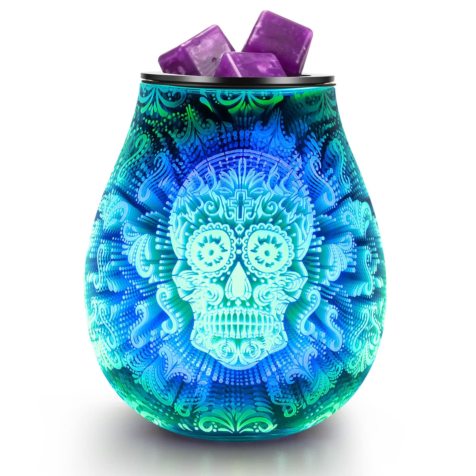Skull Halloween 3D Glass Electric Wax Melt Warmer Oil Burner with 7 Colour Cycle Changing LED Light PTC Heating Removable Silicone Tray Aroma Fragrance Lamp Gift Present…